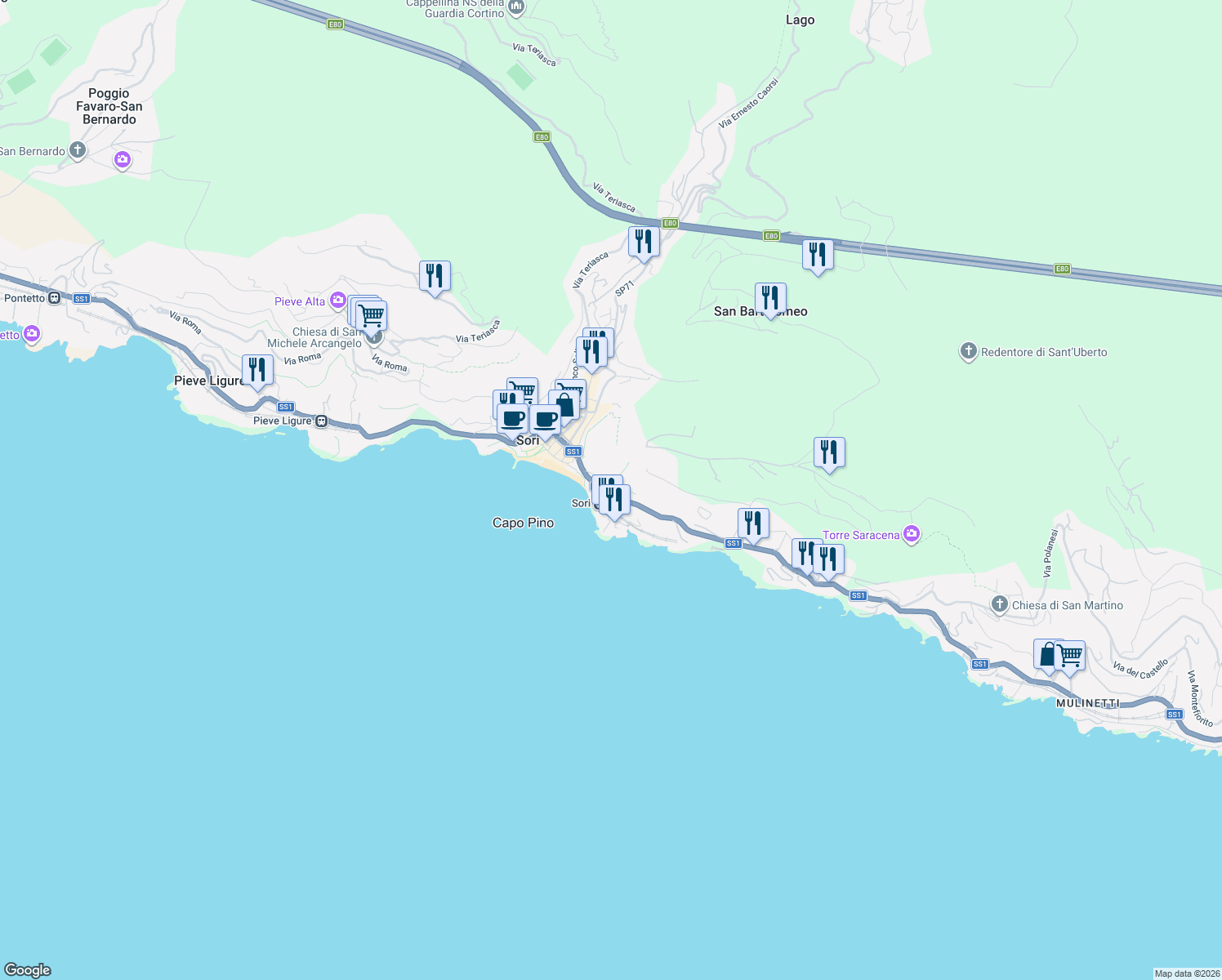 map of restaurants, bars, coffee shops, grocery stores, and more near 9 Via Dante Alighieri in Sori