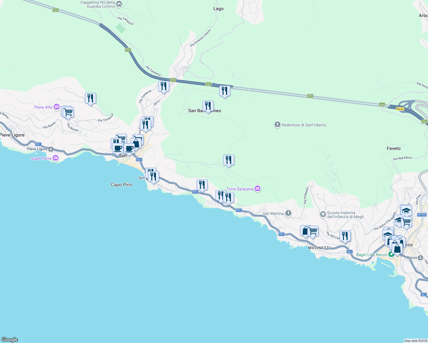 map of restaurants, bars, coffee shops, grocery stores, and more near 3 Frazione Sant'Apollinare in Sori