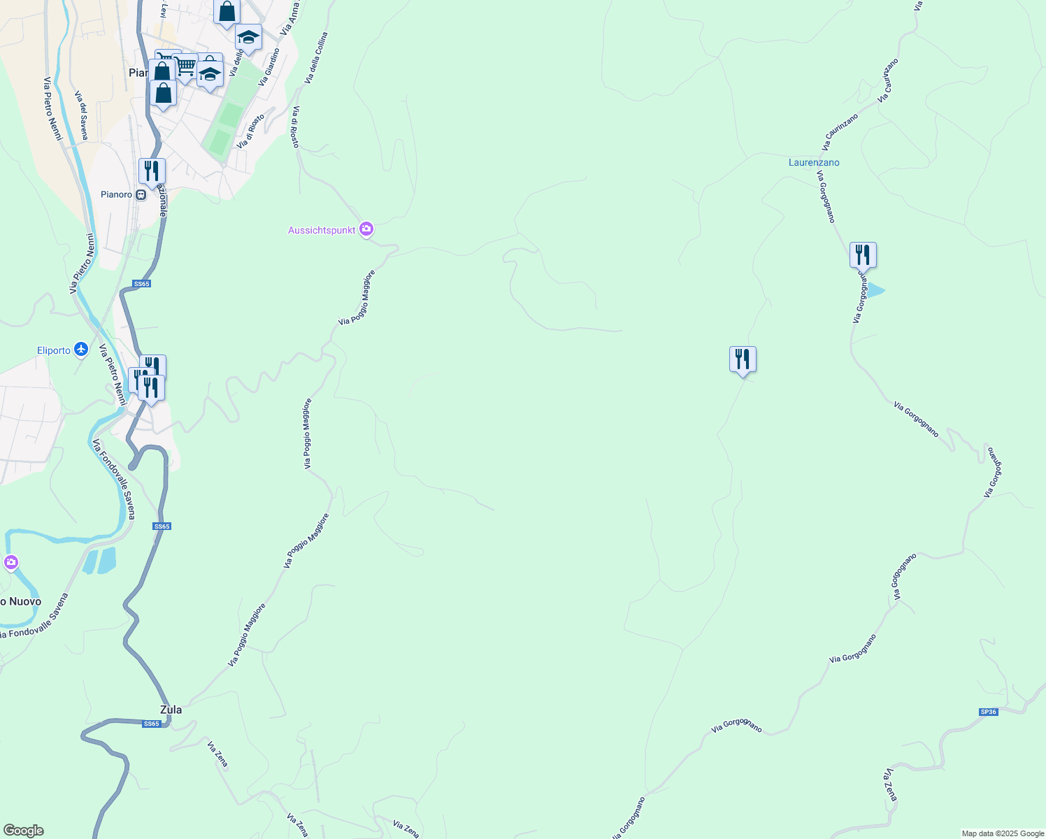map of restaurants, bars, coffee shops, grocery stores, and more near 12 7 Via di Jano in Pianoro