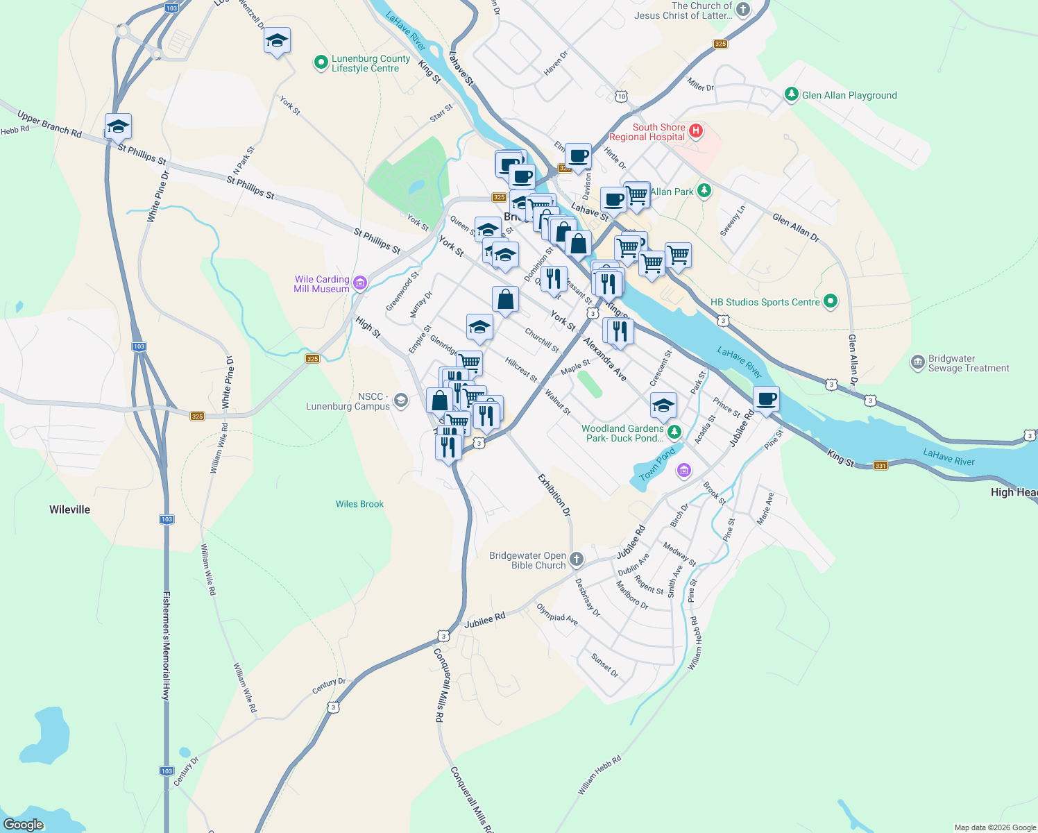 map of restaurants, bars, coffee shops, grocery stores, and more near 186 Dufferin Street in Bridgewater