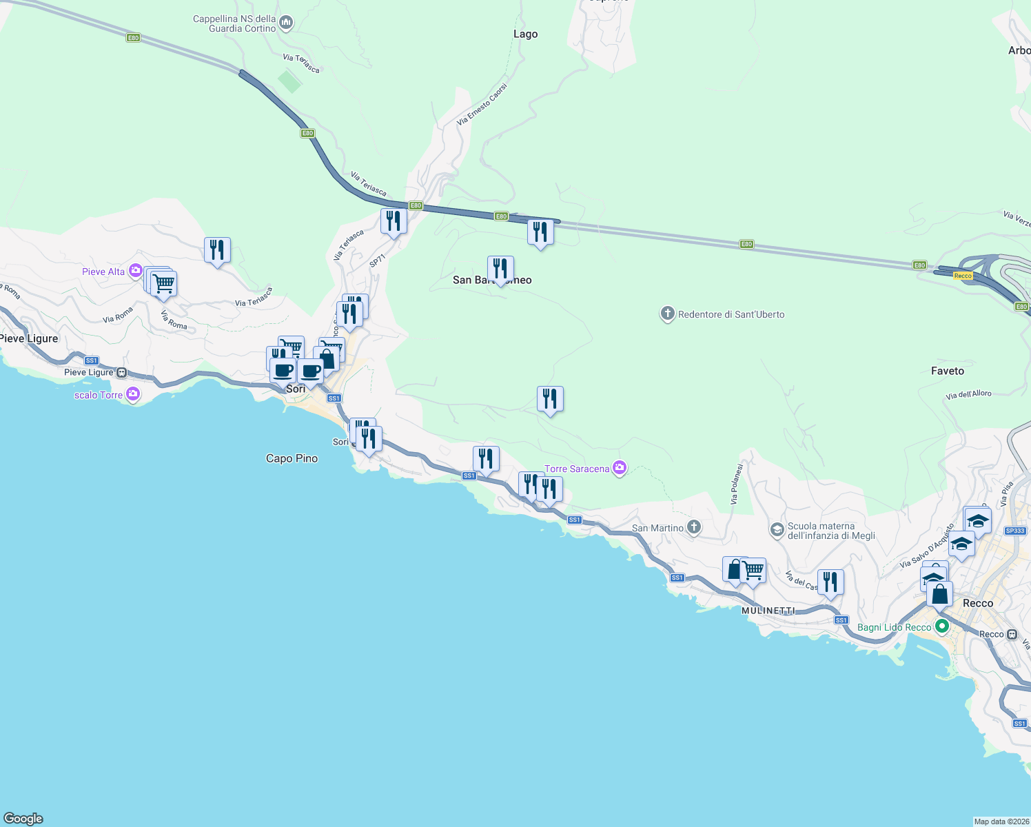 map of restaurants, bars, coffee shops, grocery stores, and more near 1 Frazione Sant'Apollinare in Sori