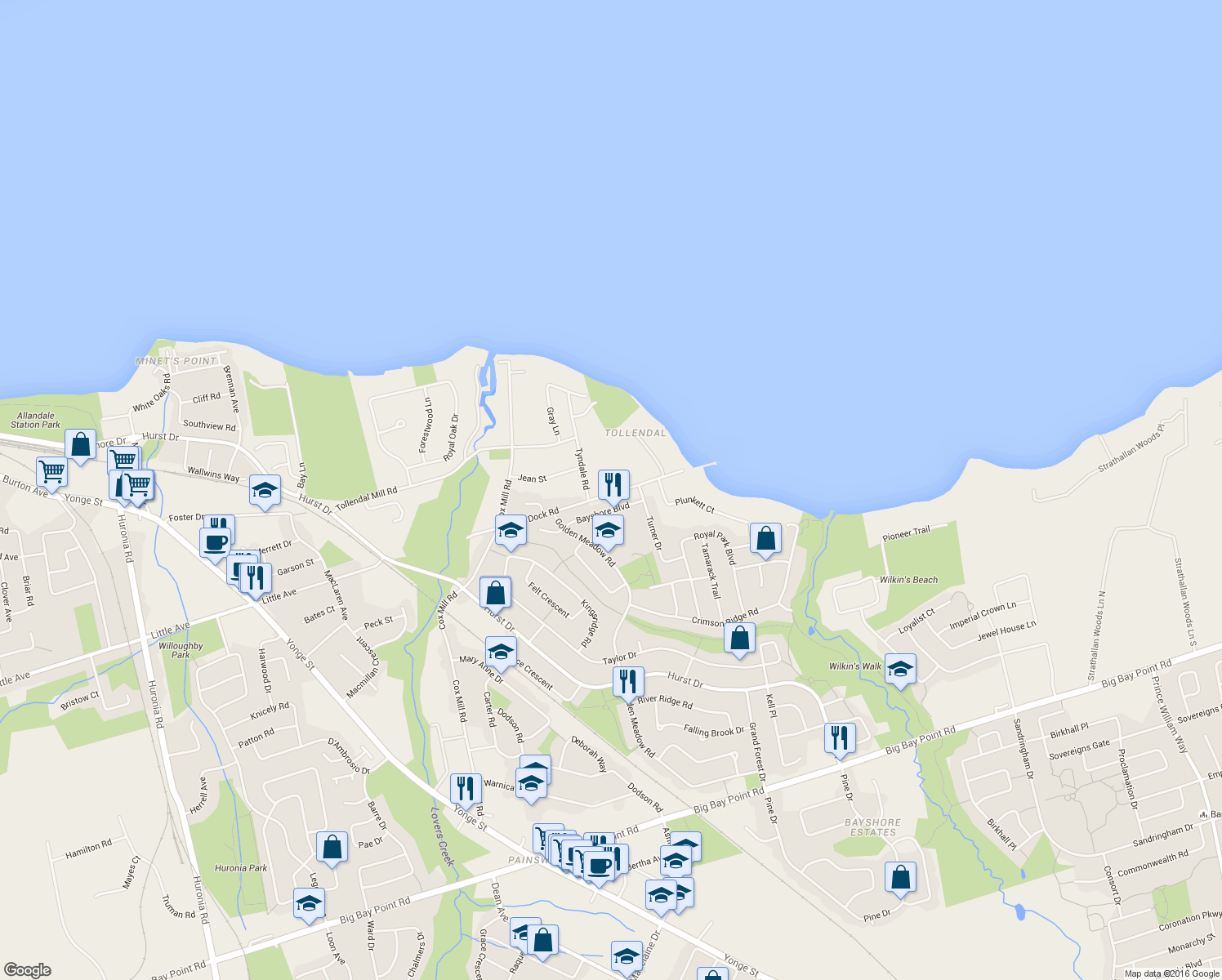 map of restaurants, bars, coffee shops, grocery stores, and more near 219 Dock Road in Barrie