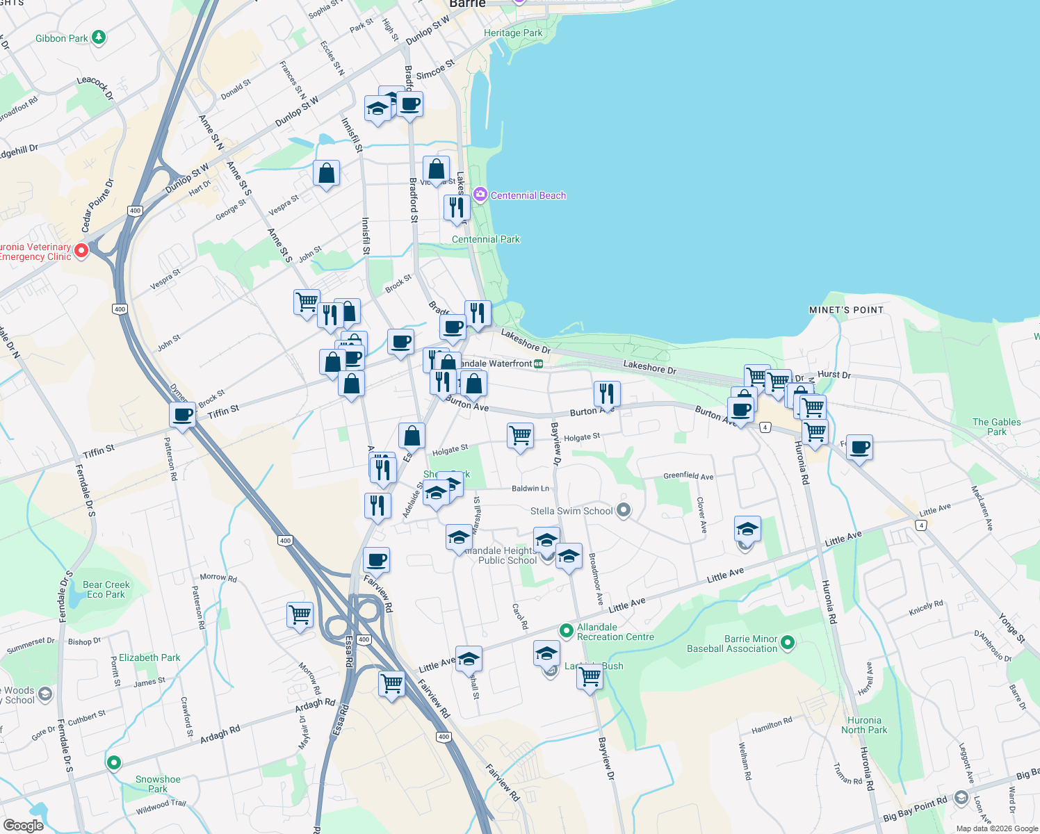 map of restaurants, bars, coffee shops, grocery stores, and more near 63 Burton Avenue in Barrie