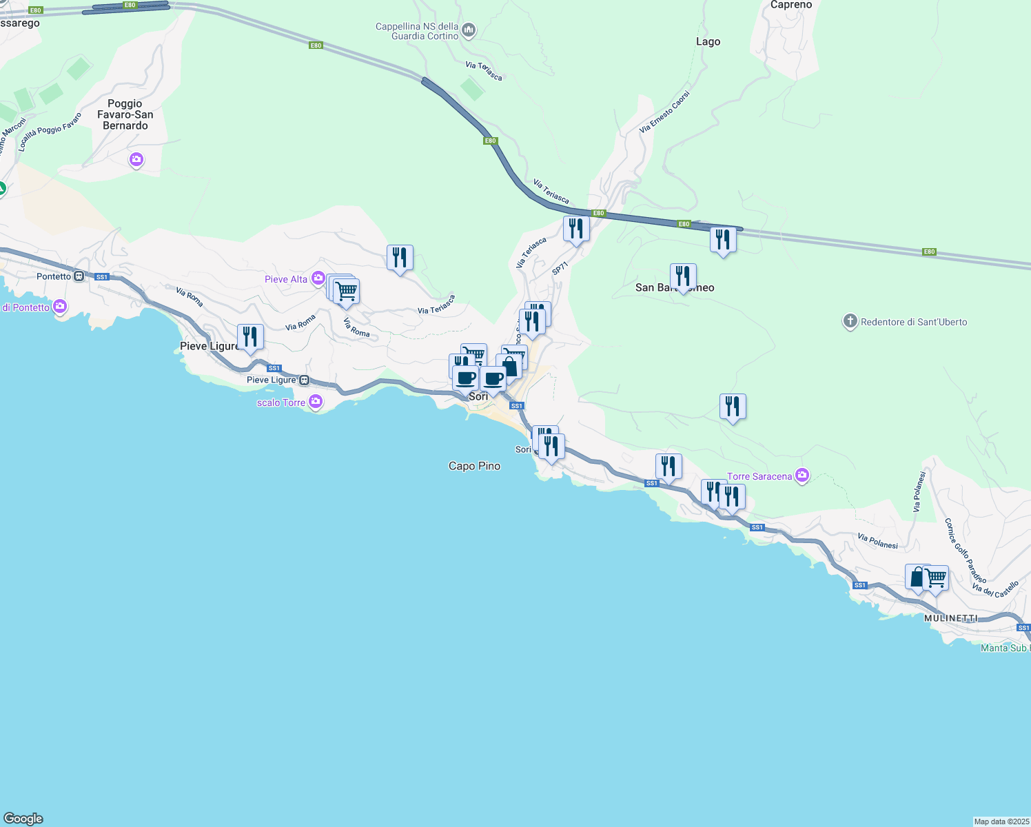 map of restaurants, bars, coffee shops, grocery stores, and more near 5 Via Genova in Sori