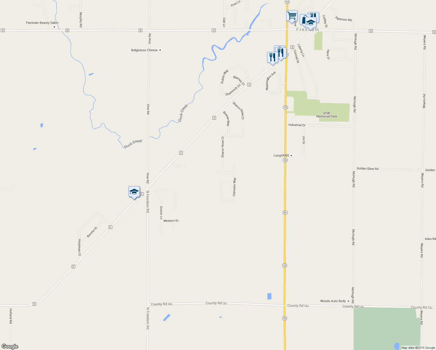 map of restaurants, bars, coffee shops, grocery stores, and more near W2285 Sharon Rose Court in Appleton