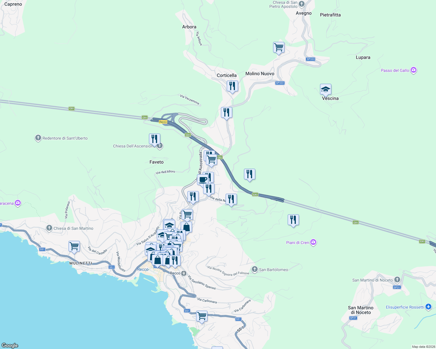 map of restaurants, bars, coffee shops, grocery stores, and more near 9 Via delle Torri in Recco