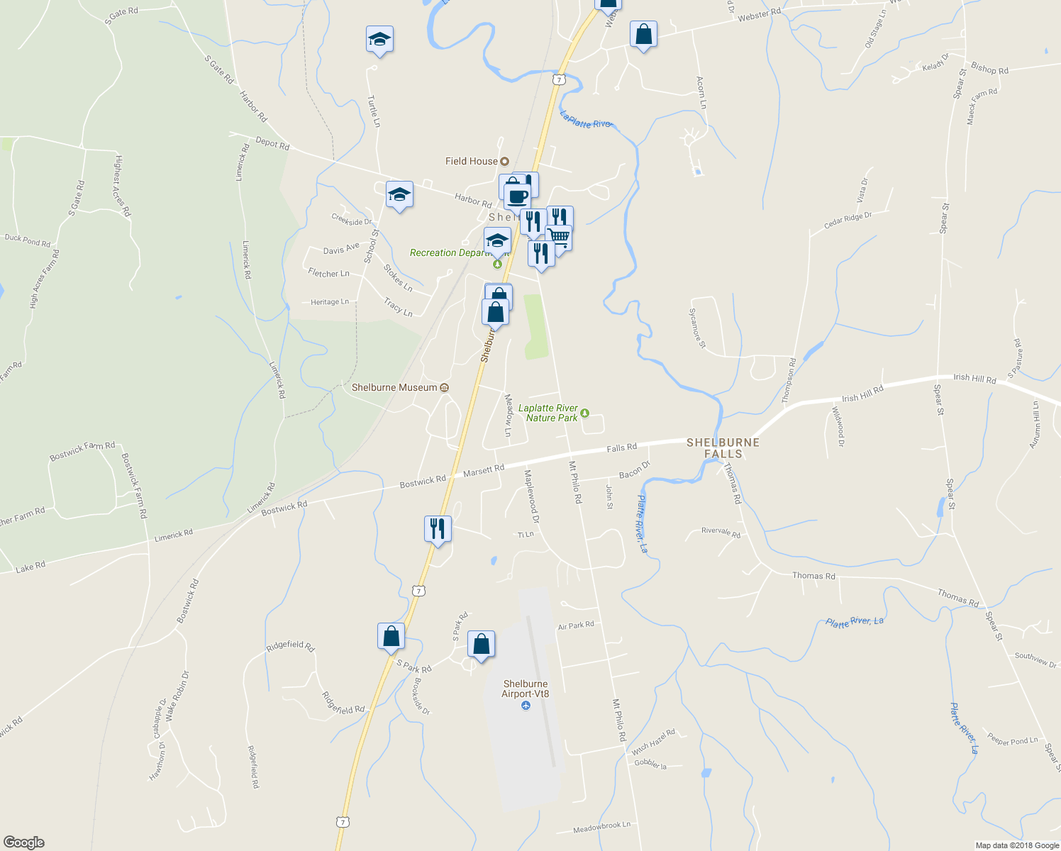 map of restaurants, bars, coffee shops, grocery stores, and more near 61 Timber Lane in Shelburne