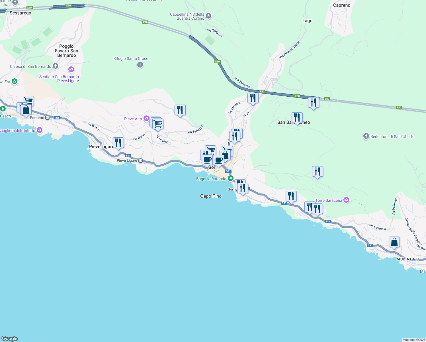 map of restaurants, bars, coffee shops, grocery stores, and more near 21 Via Sant'Erasmo in Sori
