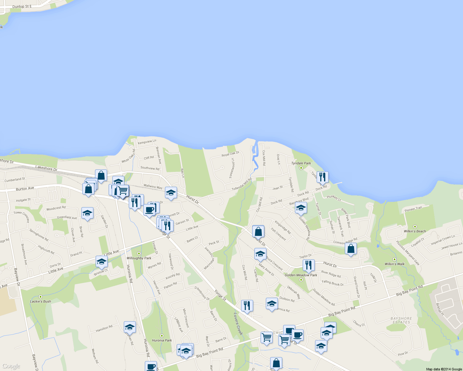 map of restaurants, bars, coffee shops, grocery stores, and more near 76 Royal Oak Drive in Barrie