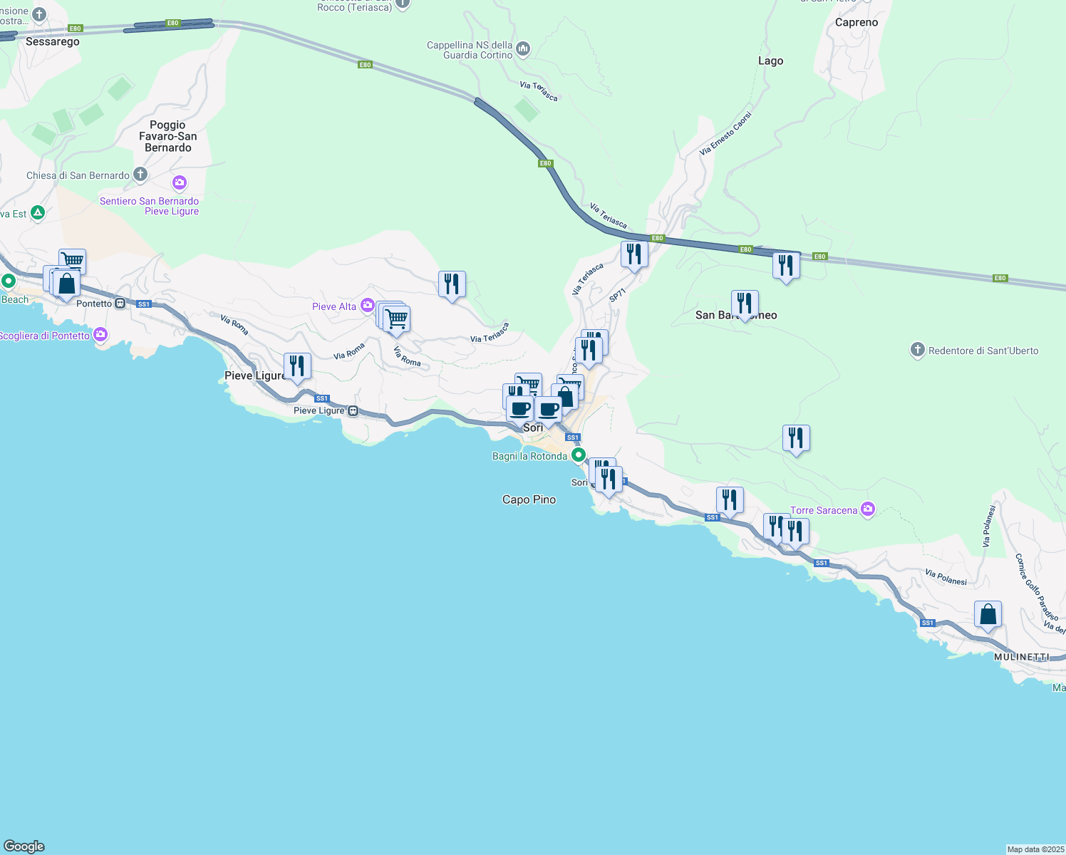 map of restaurants, bars, coffee shops, grocery stores, and more near 21 Via Sant'Erasmo in Sori