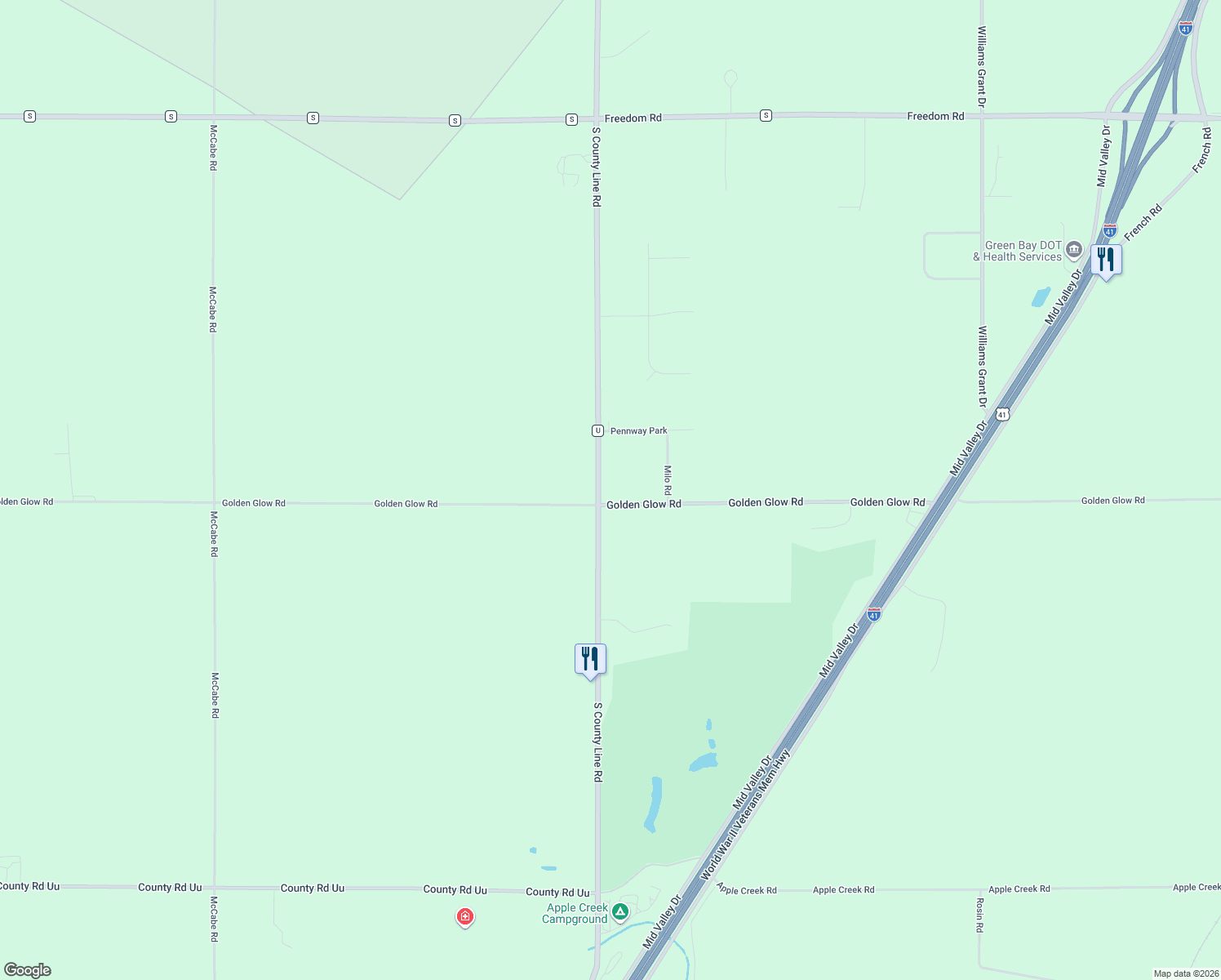 map of restaurants, bars, coffee shops, grocery stores, and more near 3208 Golden Glow Road in De Pere