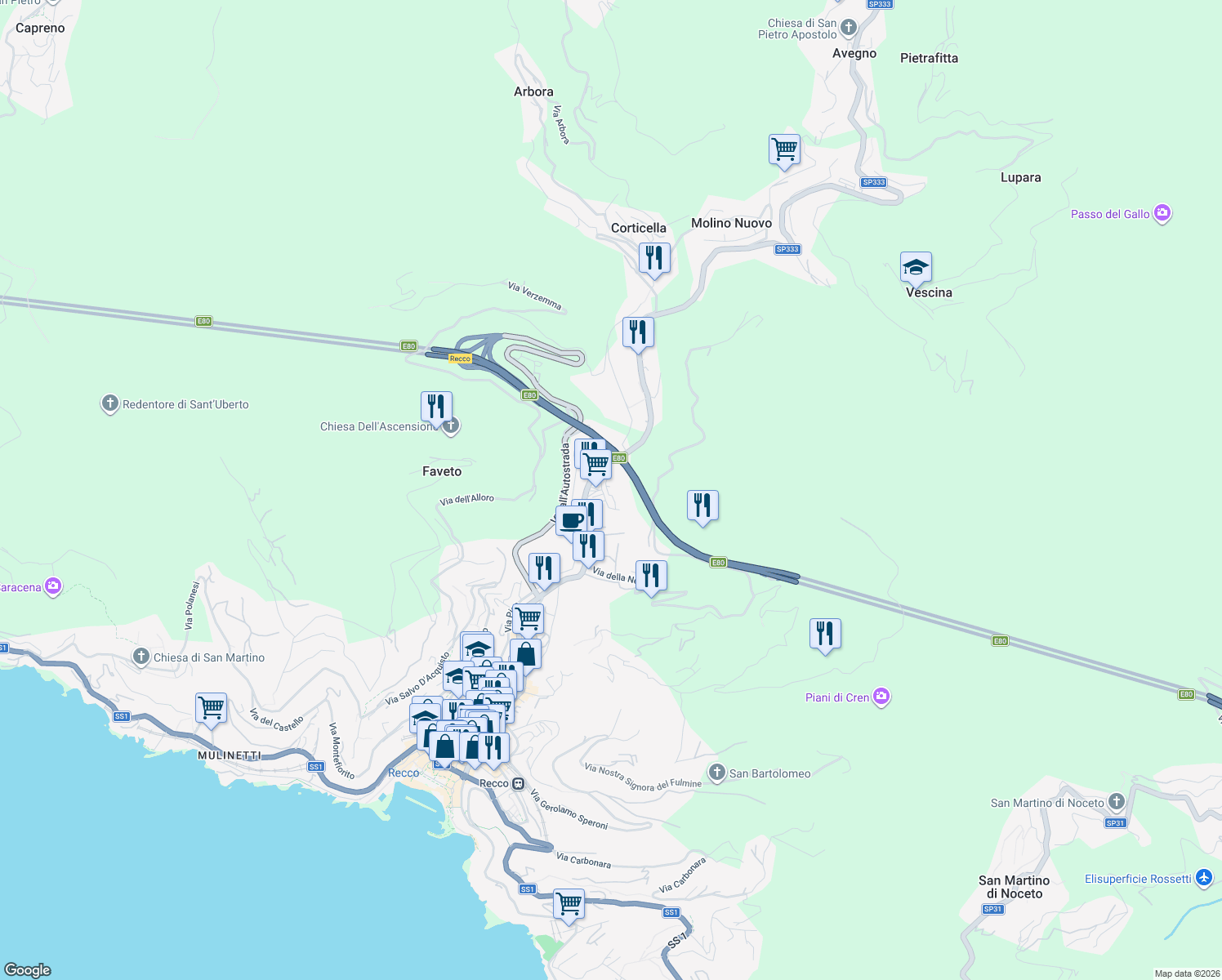 map of restaurants, bars, coffee shops, grocery stores, and more near 9 Via delle Torri in Recco