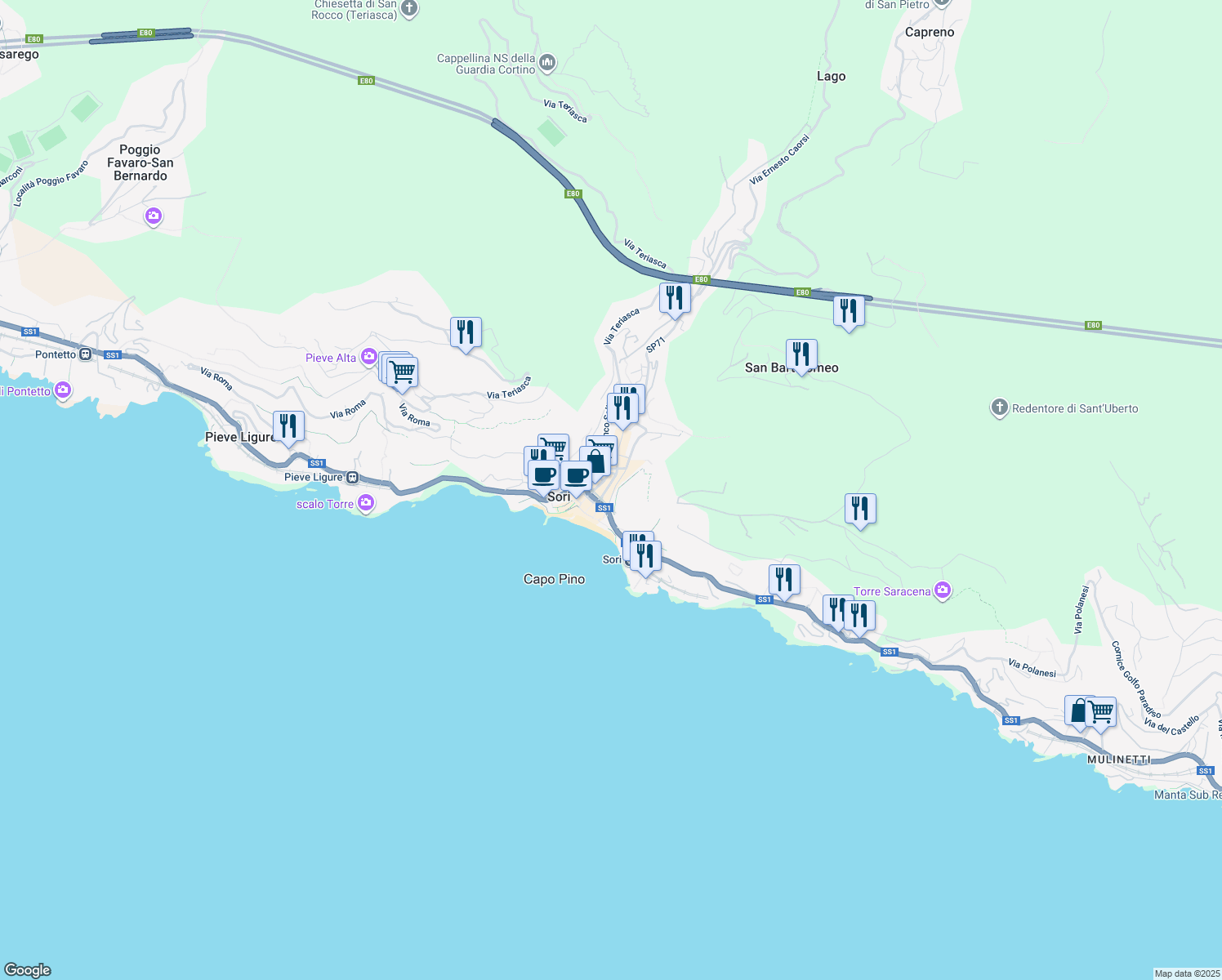 map of restaurants, bars, coffee shops, grocery stores, and more near 2-5 Via Genova in Sori
