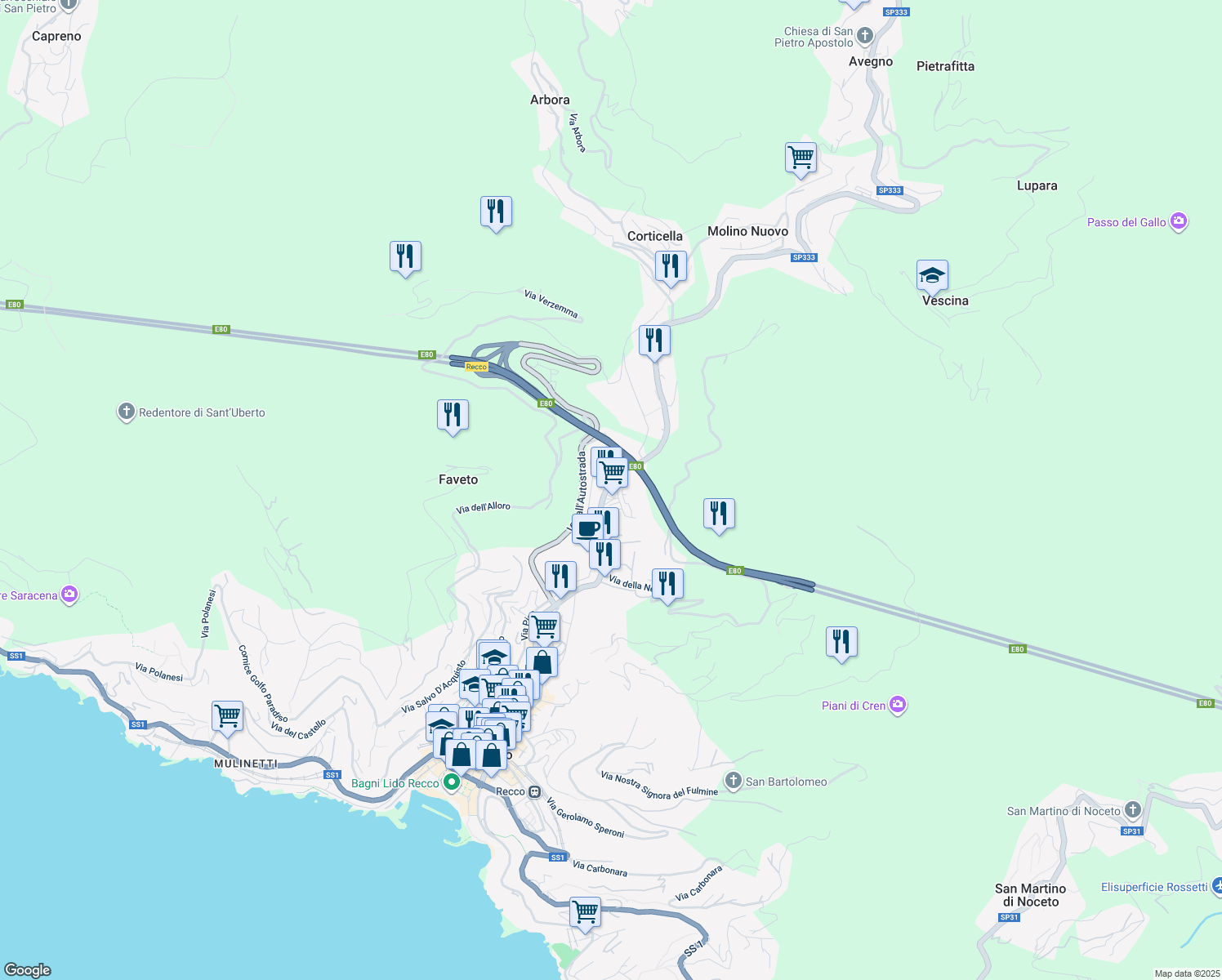 map of restaurants, bars, coffee shops, grocery stores, and more near in Recco