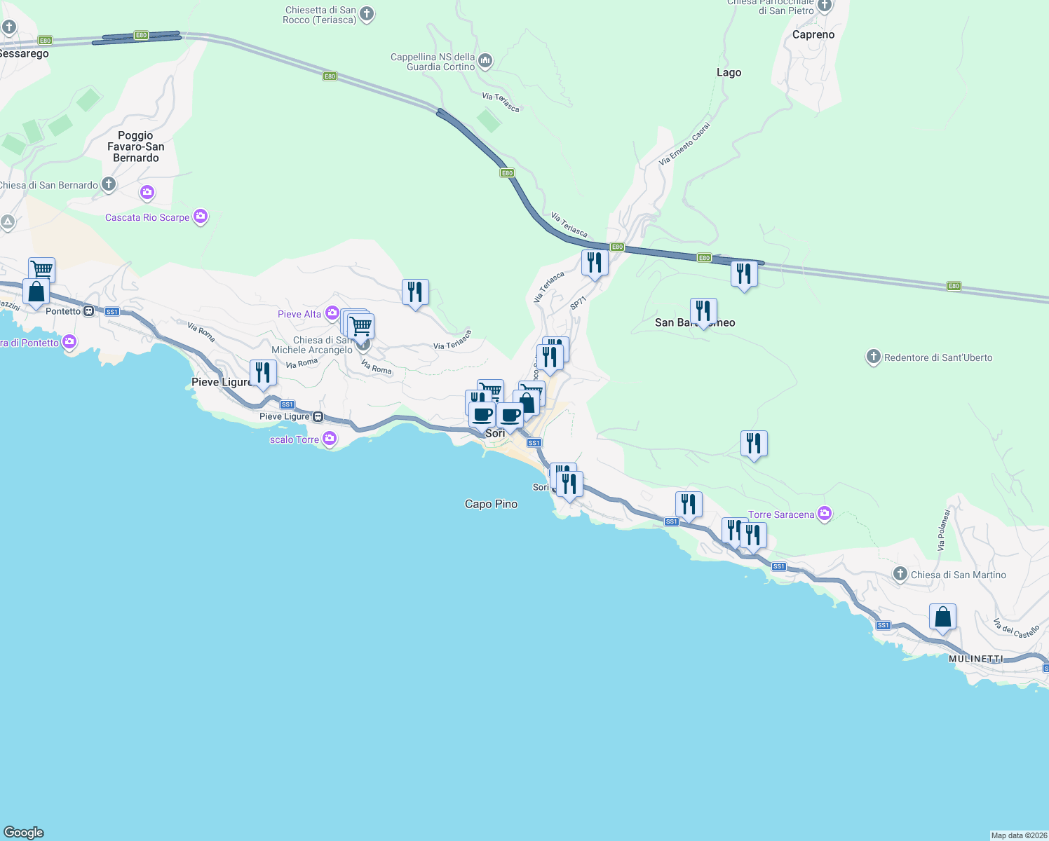 map of restaurants, bars, coffee shops, grocery stores, and more near 6B Via Garibaldi in Sori