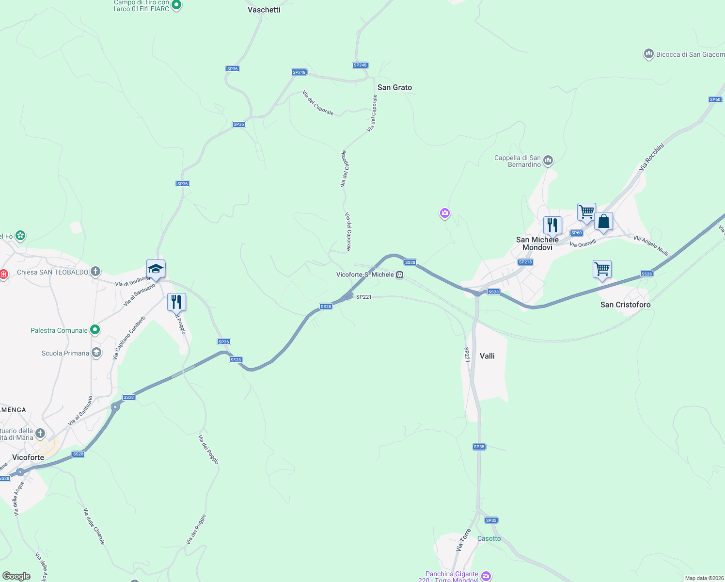 map of restaurants, bars, coffee shops, grocery stores, and more near Strada Statale 28 in Cuneo