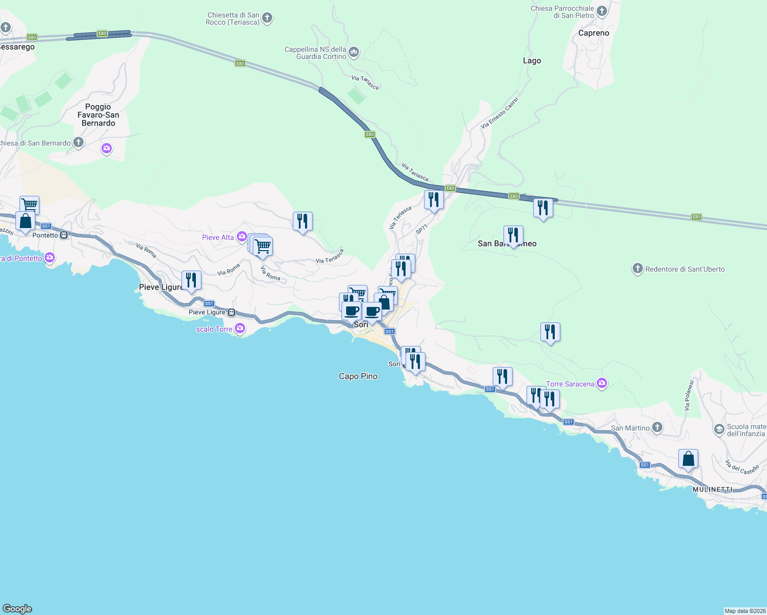 map of restaurants, bars, coffee shops, grocery stores, and more near 6B Via Giuseppe Garibaldi in Sori