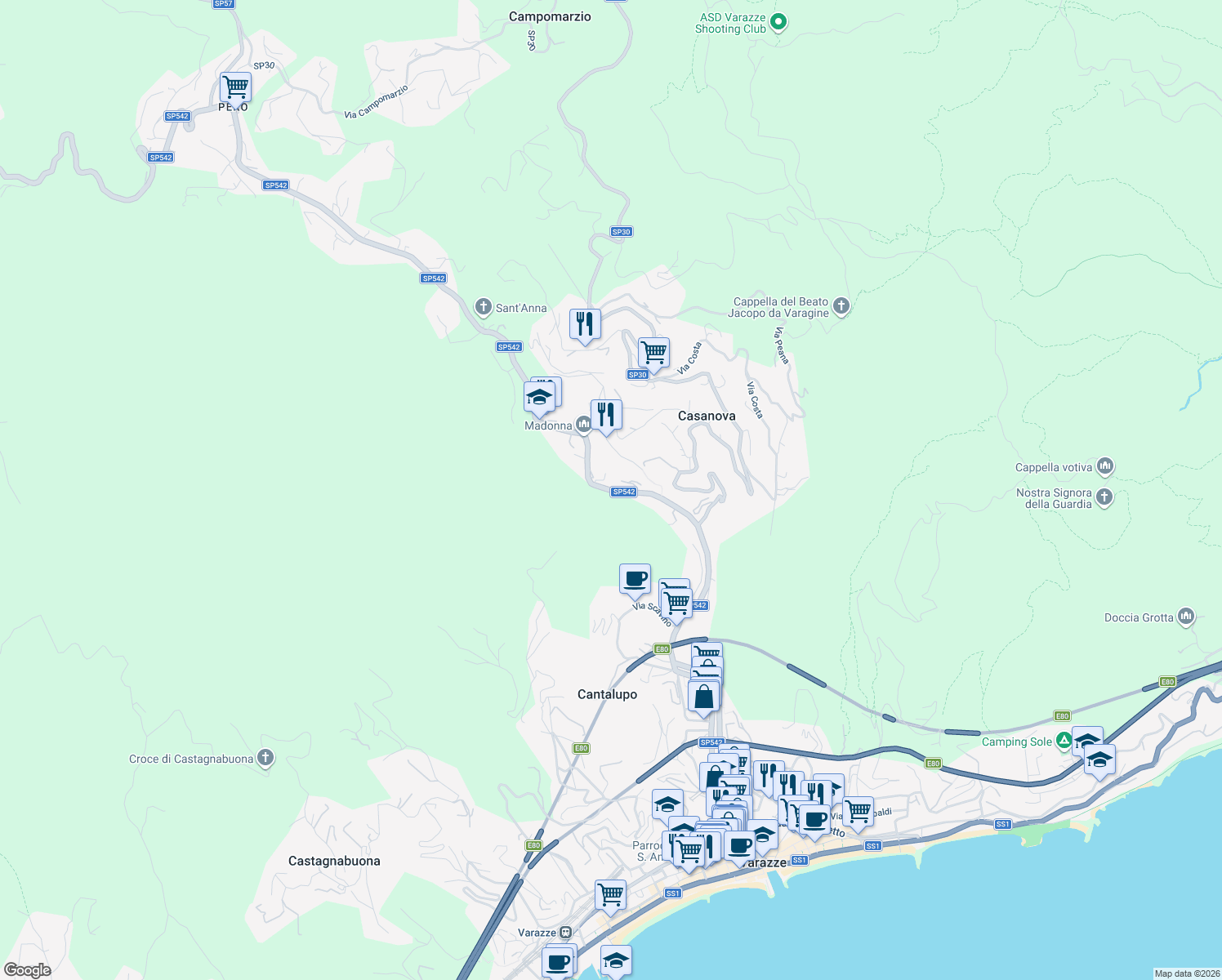 map of restaurants, bars, coffee shops, grocery stores, and more near 96 Via Emilio Vecchia in Varazze