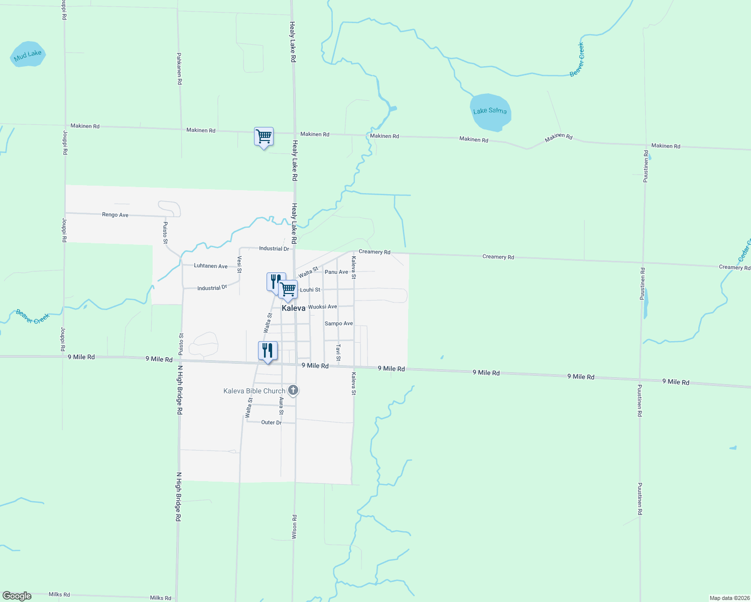 map of restaurants, bars, coffee shops, grocery stores, and more near 14867 Bergstrom Dr in Kaleva
