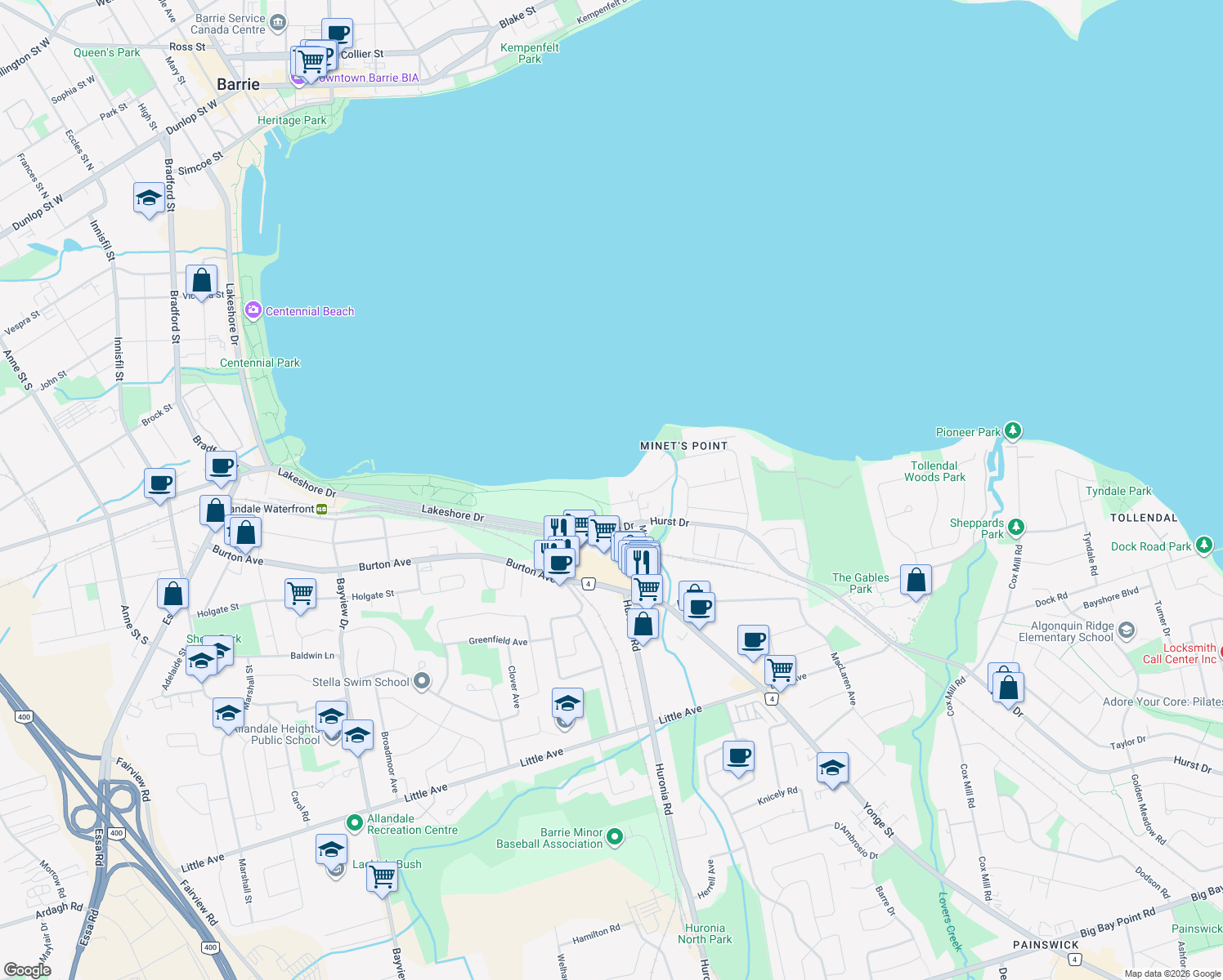 map of restaurants, bars, coffee shops, grocery stores, and more near 4 White Oaks Road in Barrie