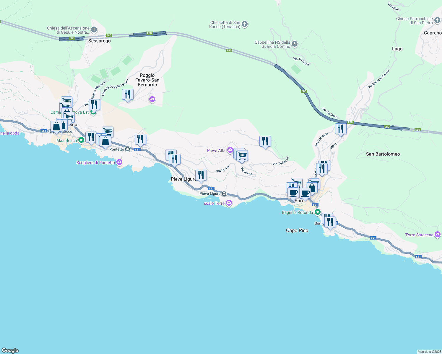 map of restaurants, bars, coffee shops, grocery stores, and more near 1A Via Baralla in Pieve Ligure
