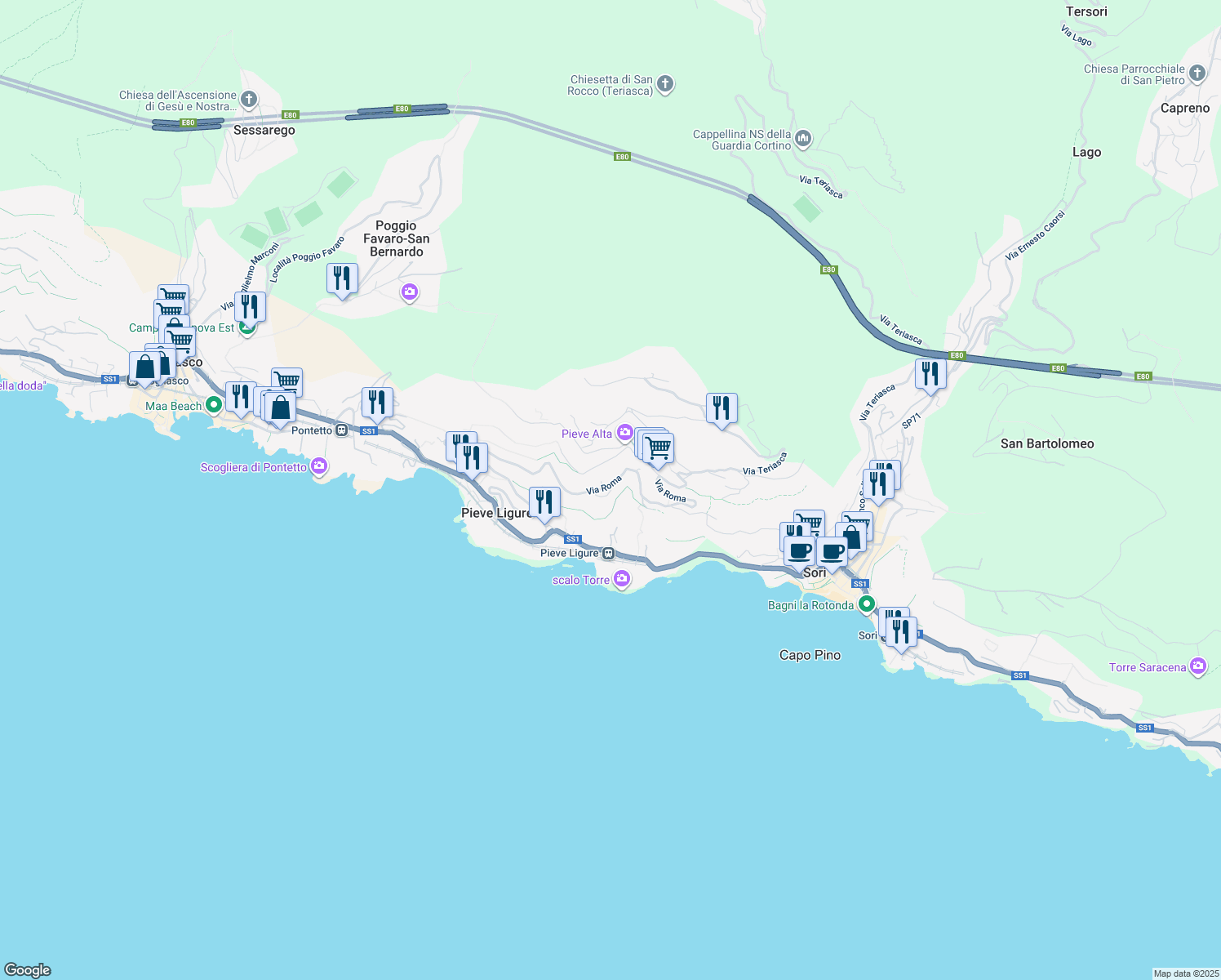 map of restaurants, bars, coffee shops, grocery stores, and more near 1A Via Baralla in Pieve Ligure