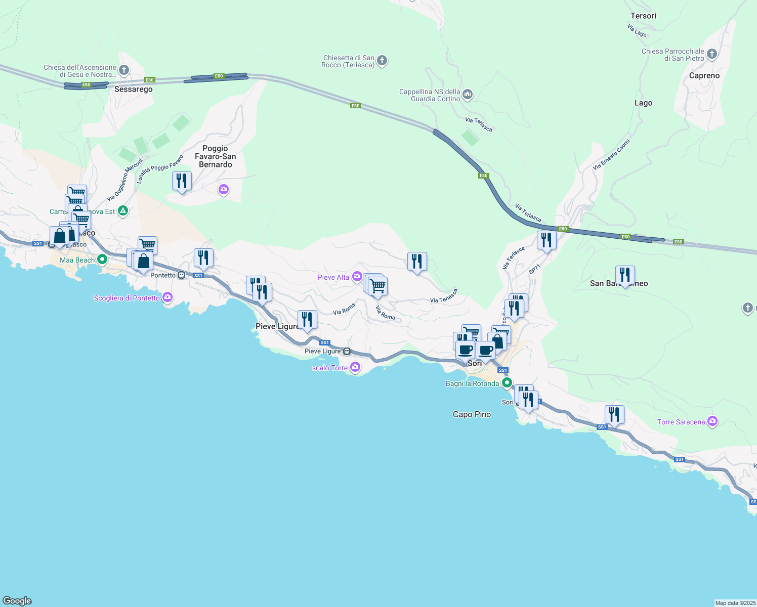 map of restaurants, bars, coffee shops, grocery stores, and more near 6 Via 11 Febbraio in Pieve Ligure