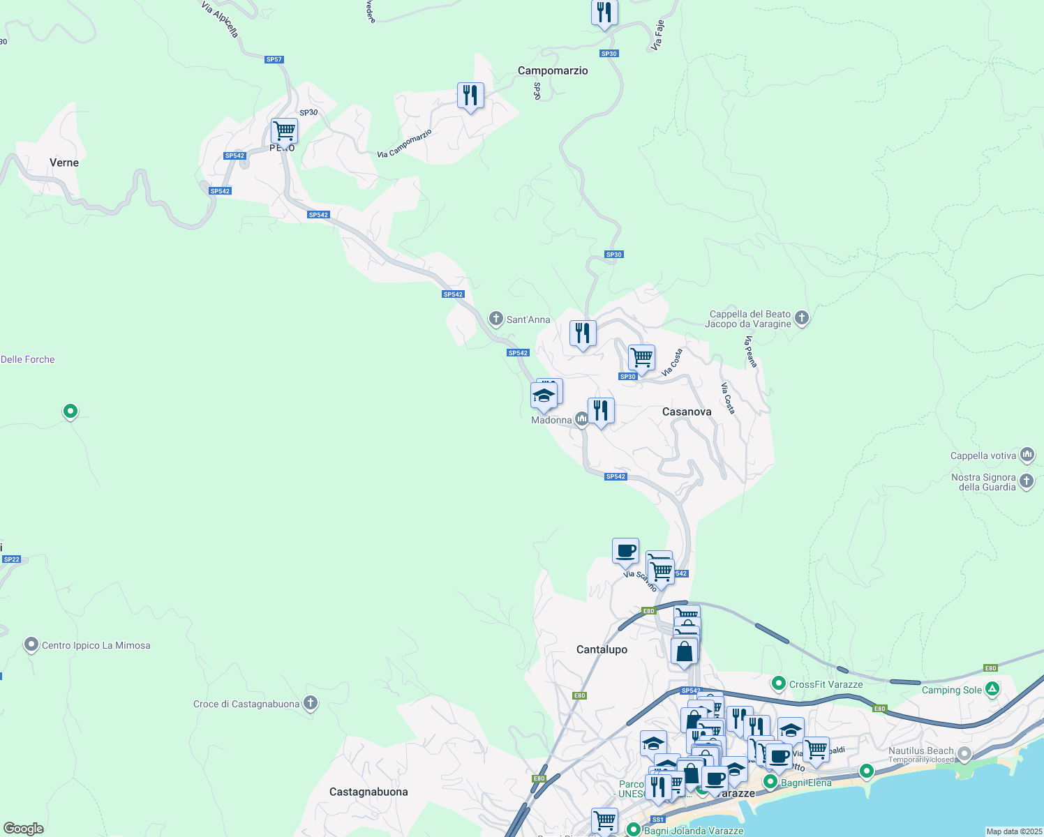 map of restaurants, bars, coffee shops, grocery stores, and more near 37 Via Emilio Vecchia in Provincia di Savona