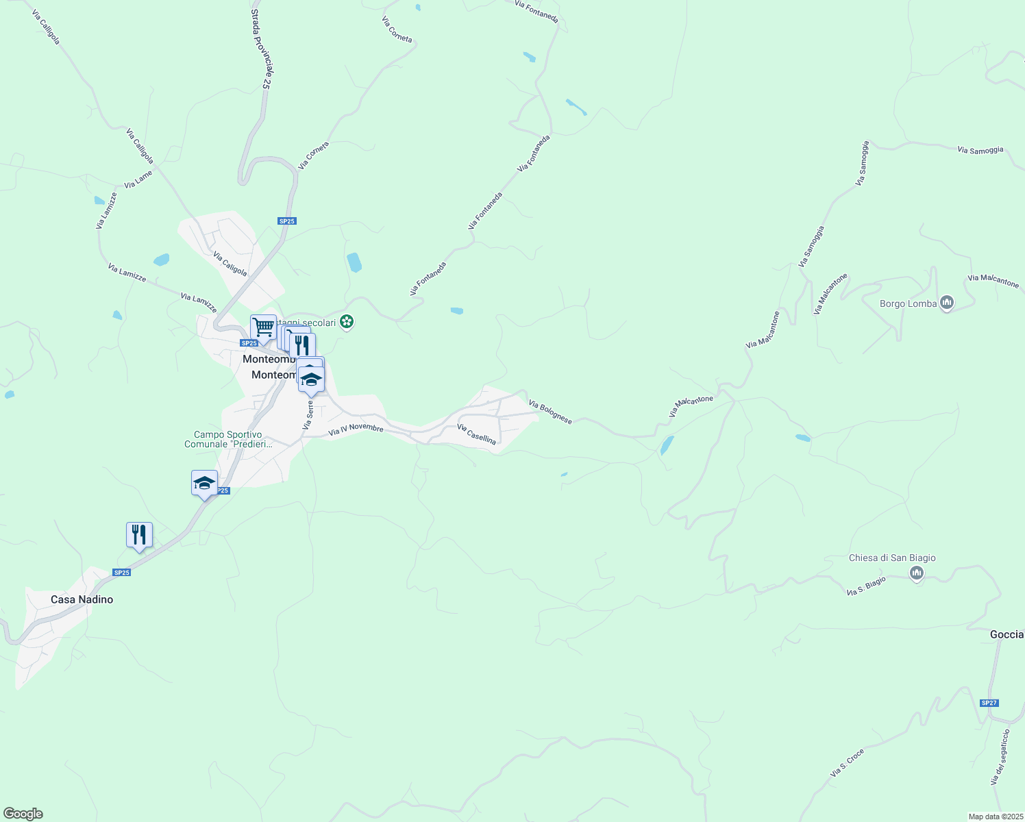 map of restaurants, bars, coffee shops, grocery stores, and more near 611 Via Casellina in Monteombraro