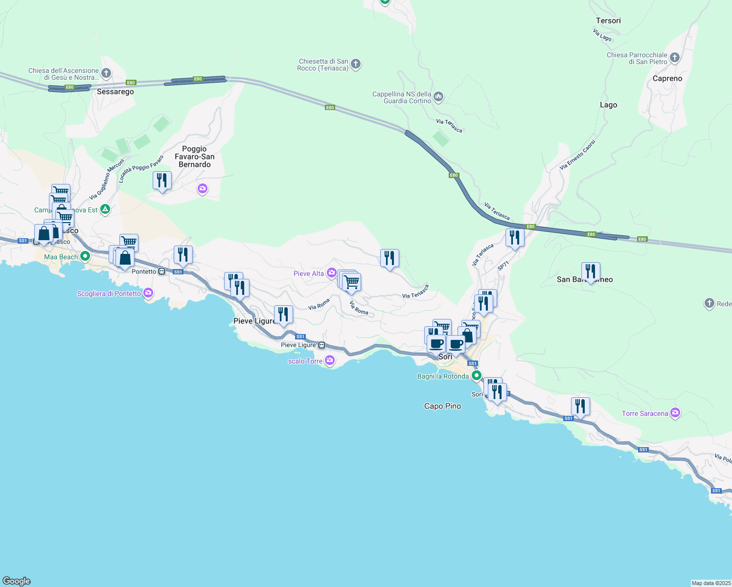 map of restaurants, bars, coffee shops, grocery stores, and more near 6 Via XI Febbraio in Pieve Ligure