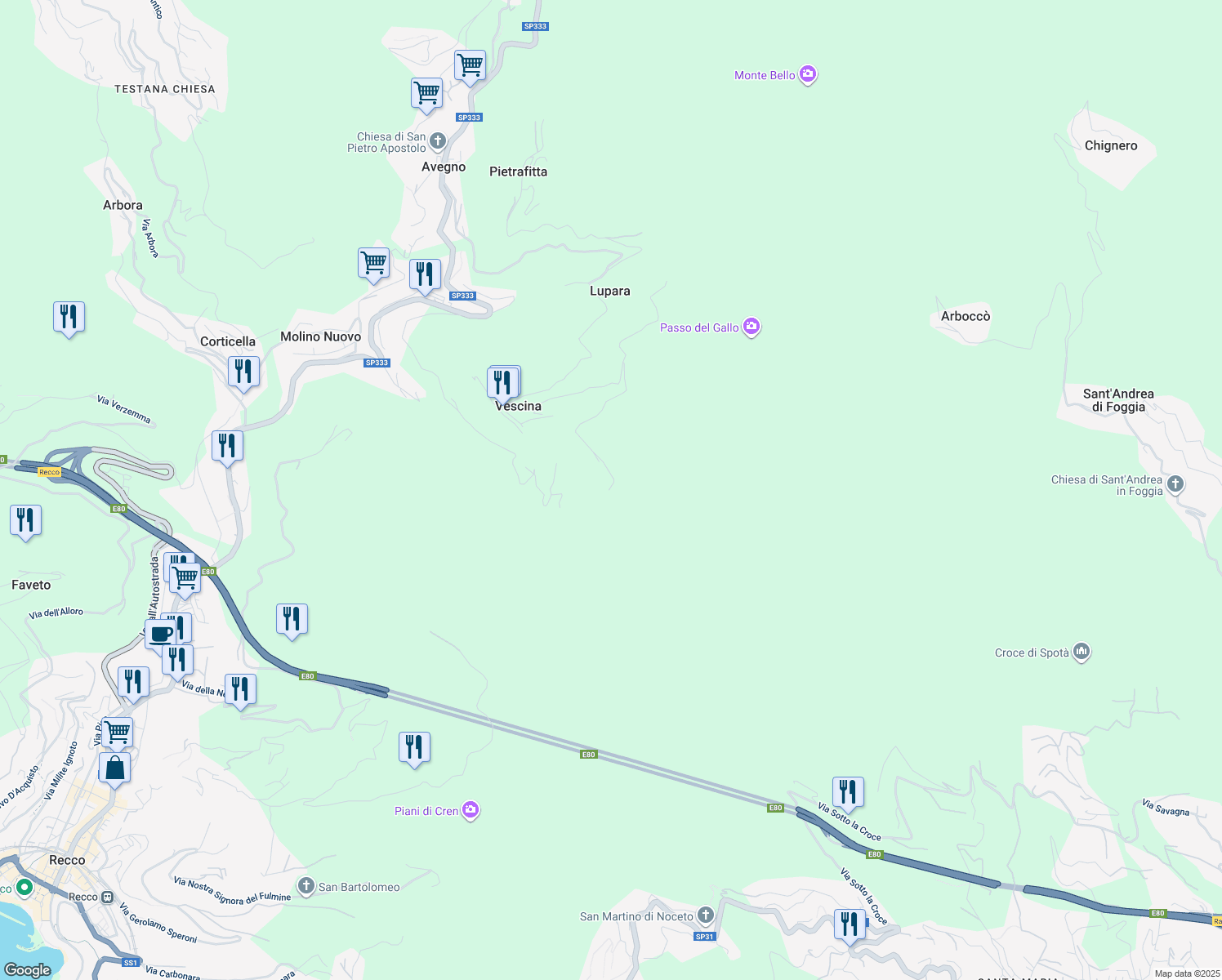 map of restaurants, bars, coffee shops, grocery stores, and more near 15 Via Steneri in Città Metropolitana di Genova