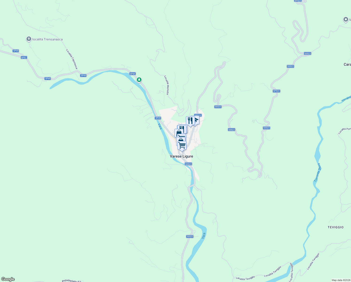 map of restaurants, bars, coffee shops, grocery stores, and more near 101 Via Portici in Varese Ligure