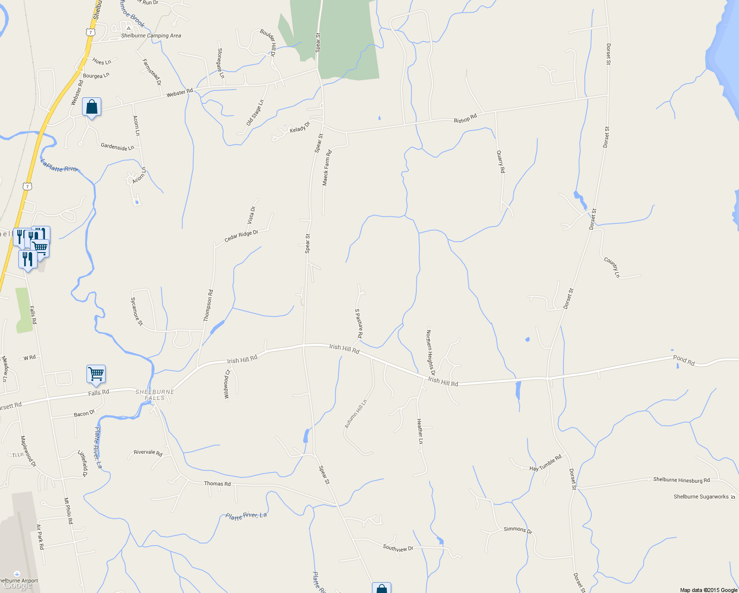 map of restaurants, bars, coffee shops, grocery stores, and more near 274 South Pasture Road in Shelburne