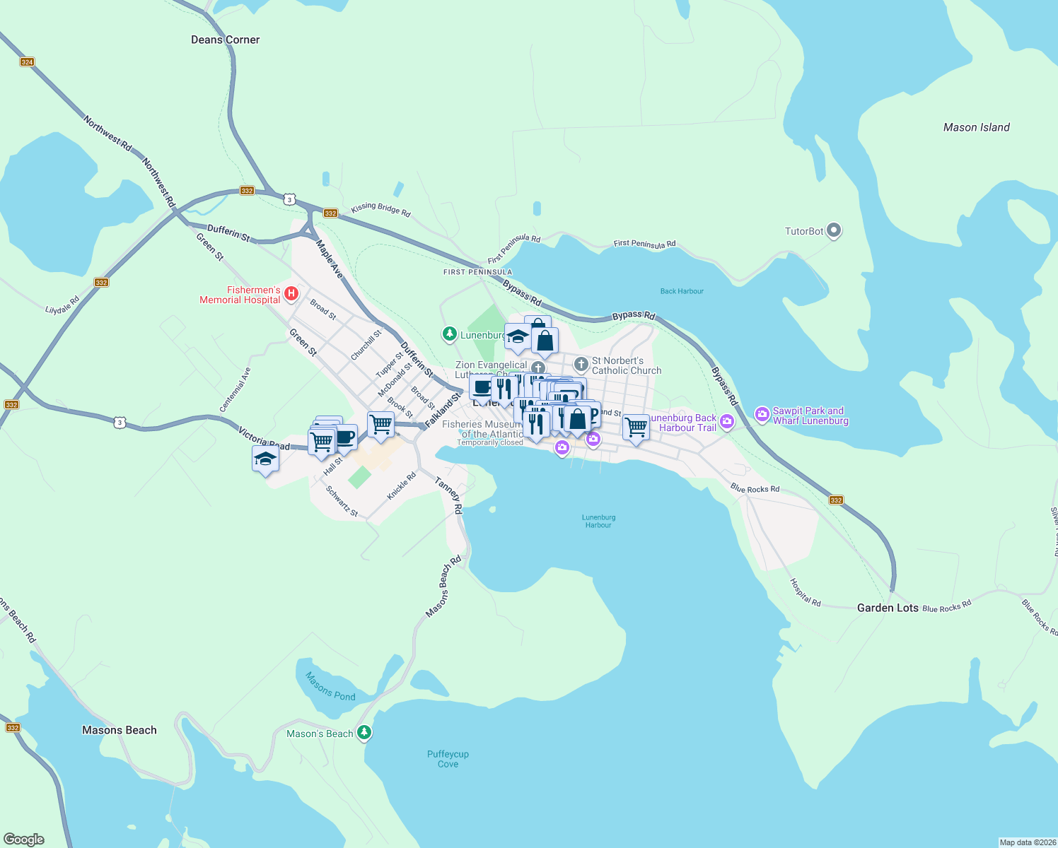 map of restaurants, bars, coffee shops, grocery stores, and more near 52 Pelham Street in Lunenburg