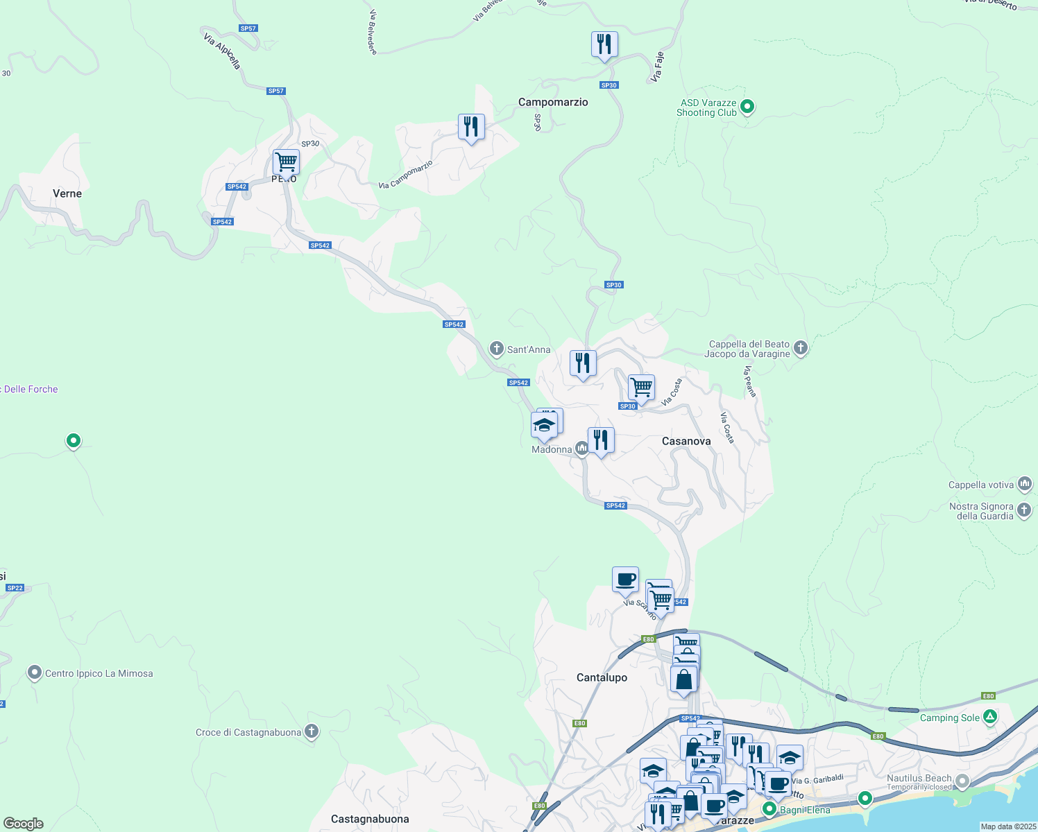 map of restaurants, bars, coffee shops, grocery stores, and more near 37 Via Emilio Vecchia in Provincia di Savona