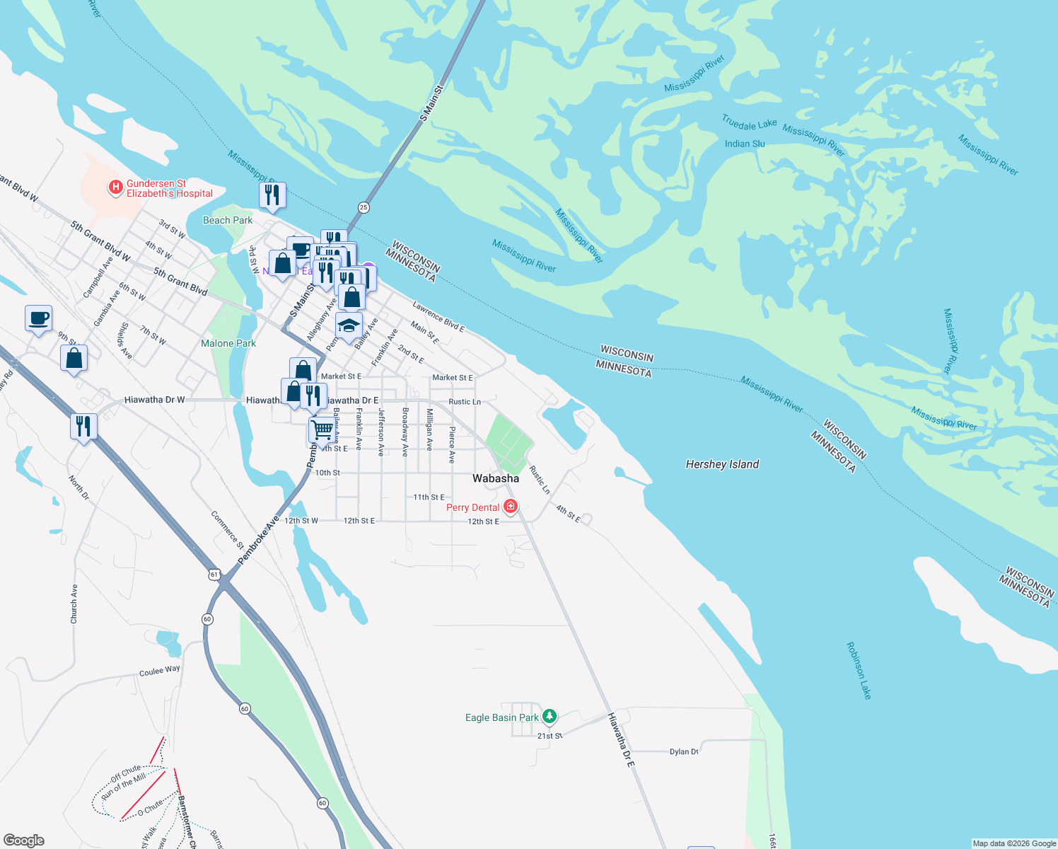 map of restaurants, bars, coffee shops, grocery stores, and more near 1115 Rustic Lane in Wabasha
