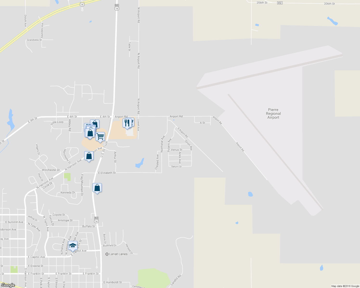 map of restaurants, bars, coffee shops, grocery stores, and more near Mercury Street in Pierre