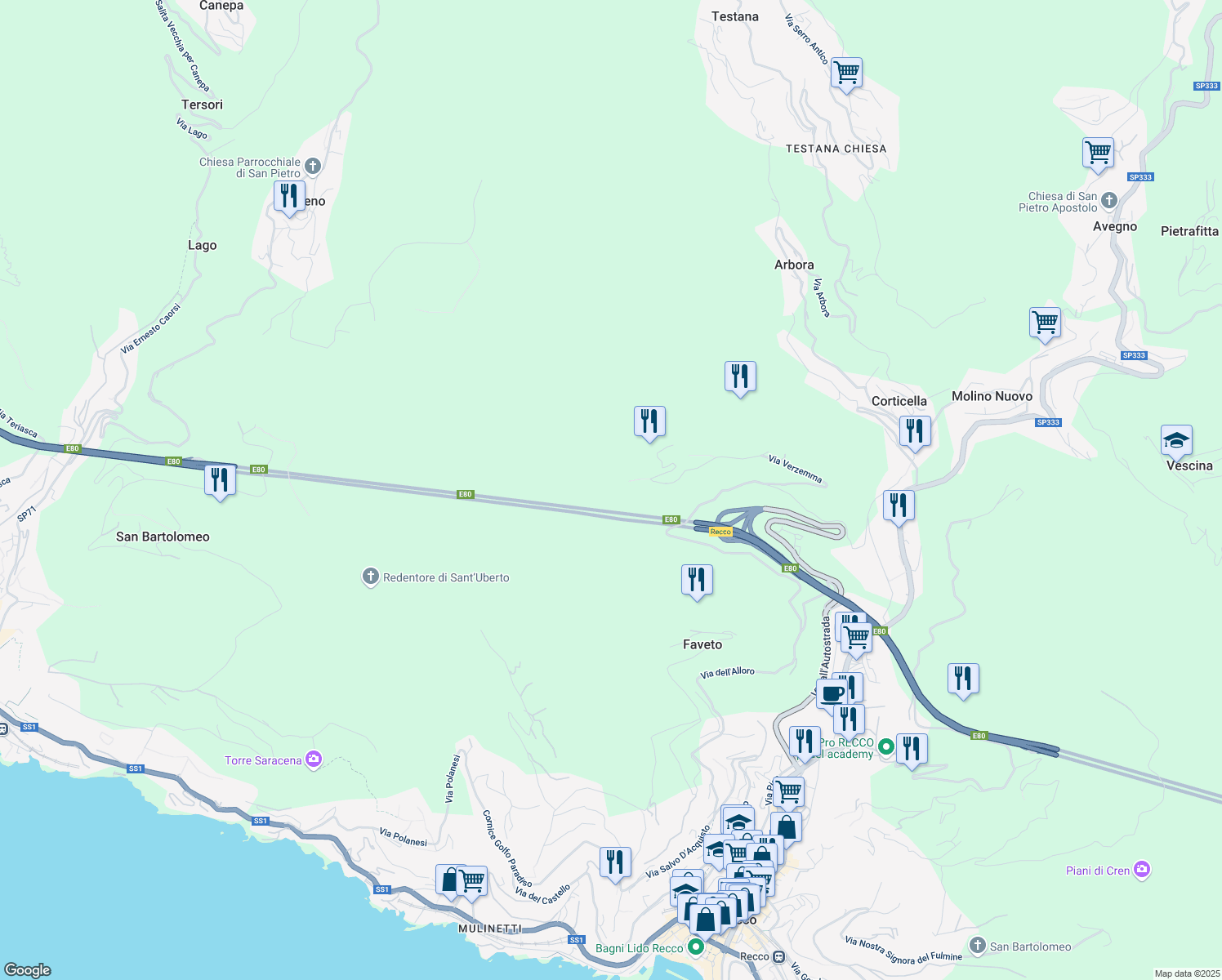 map of restaurants, bars, coffee shops, grocery stores, and more near 31 Via Verzemma in Città Metropolitana di Genova