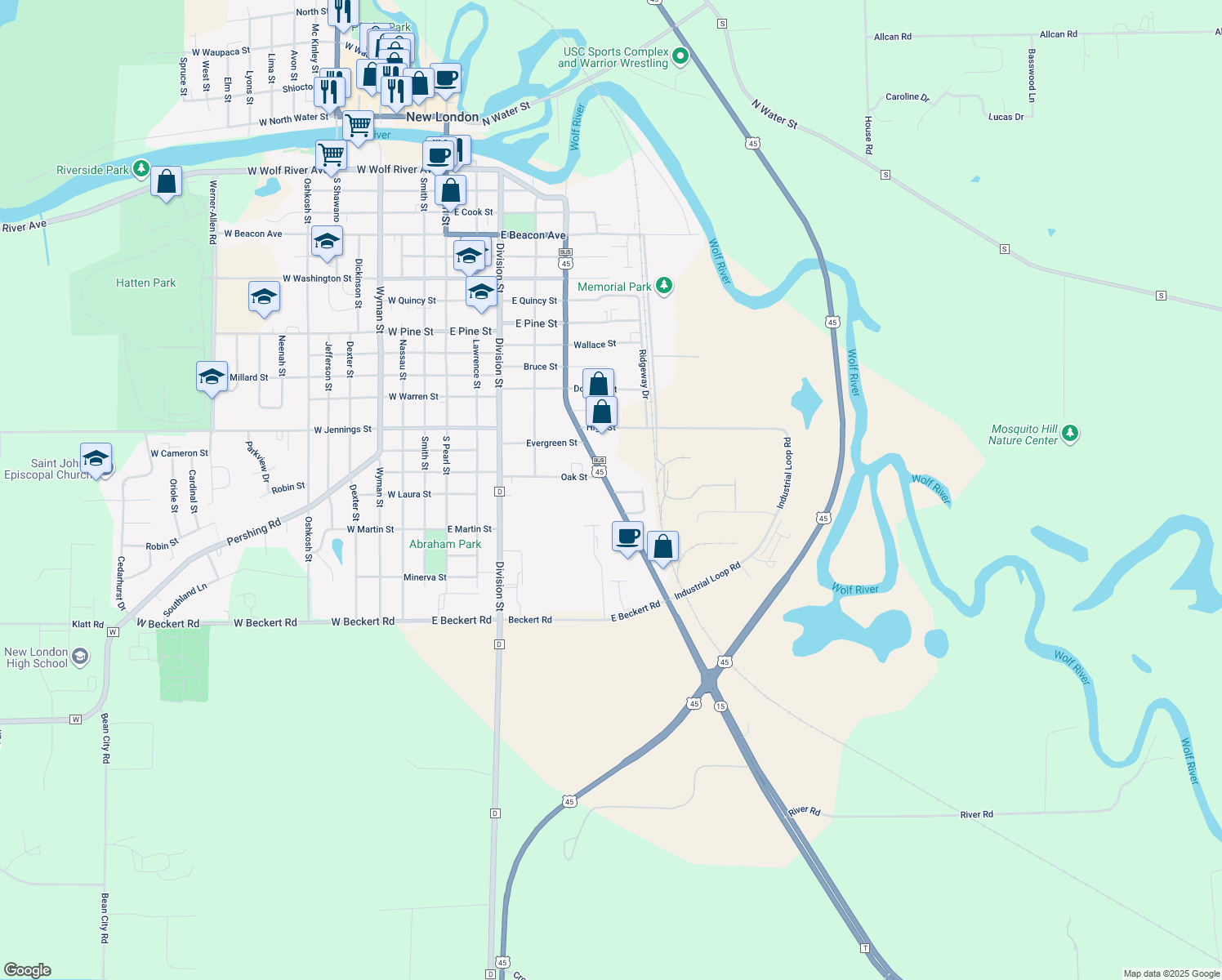 map of restaurants, bars, coffee shops, grocery stores, and more near 1614 Mill Street in New London