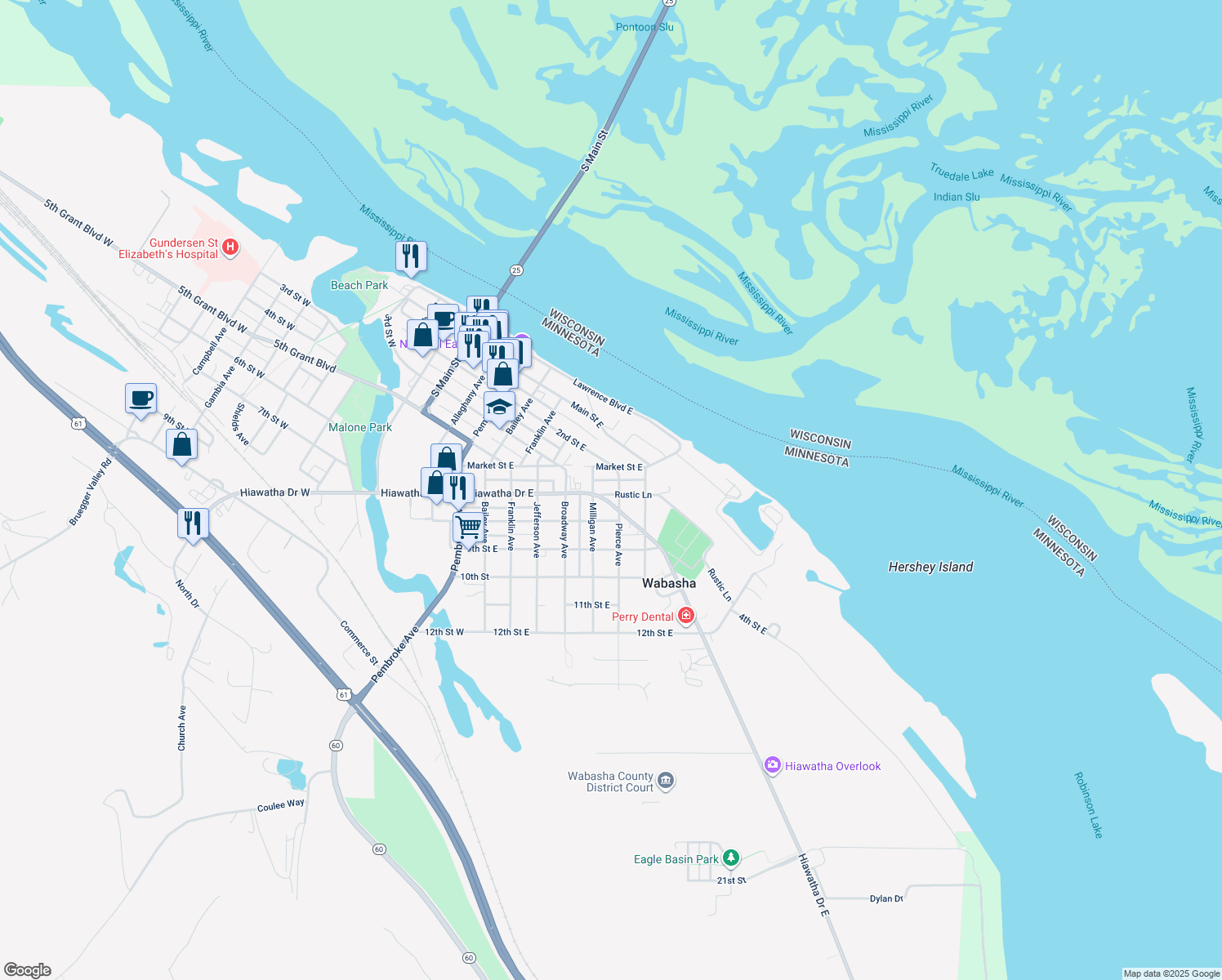map of restaurants, bars, coffee shops, grocery stores, and more near 629 Rustic Ln in Wabasha