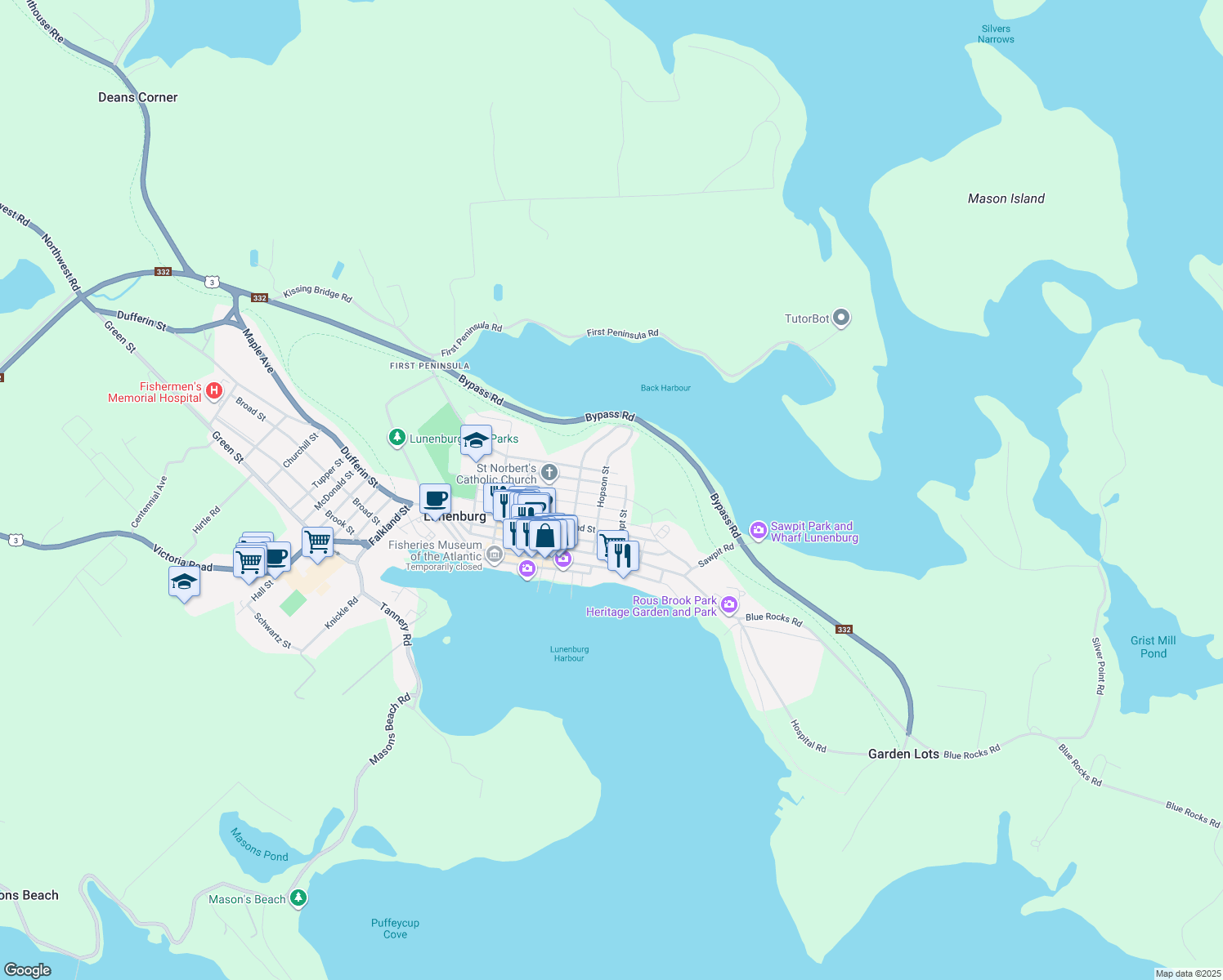 map of restaurants, bars, coffee shops, grocery stores, and more near 188 Lawrence Street in Lunenburg
