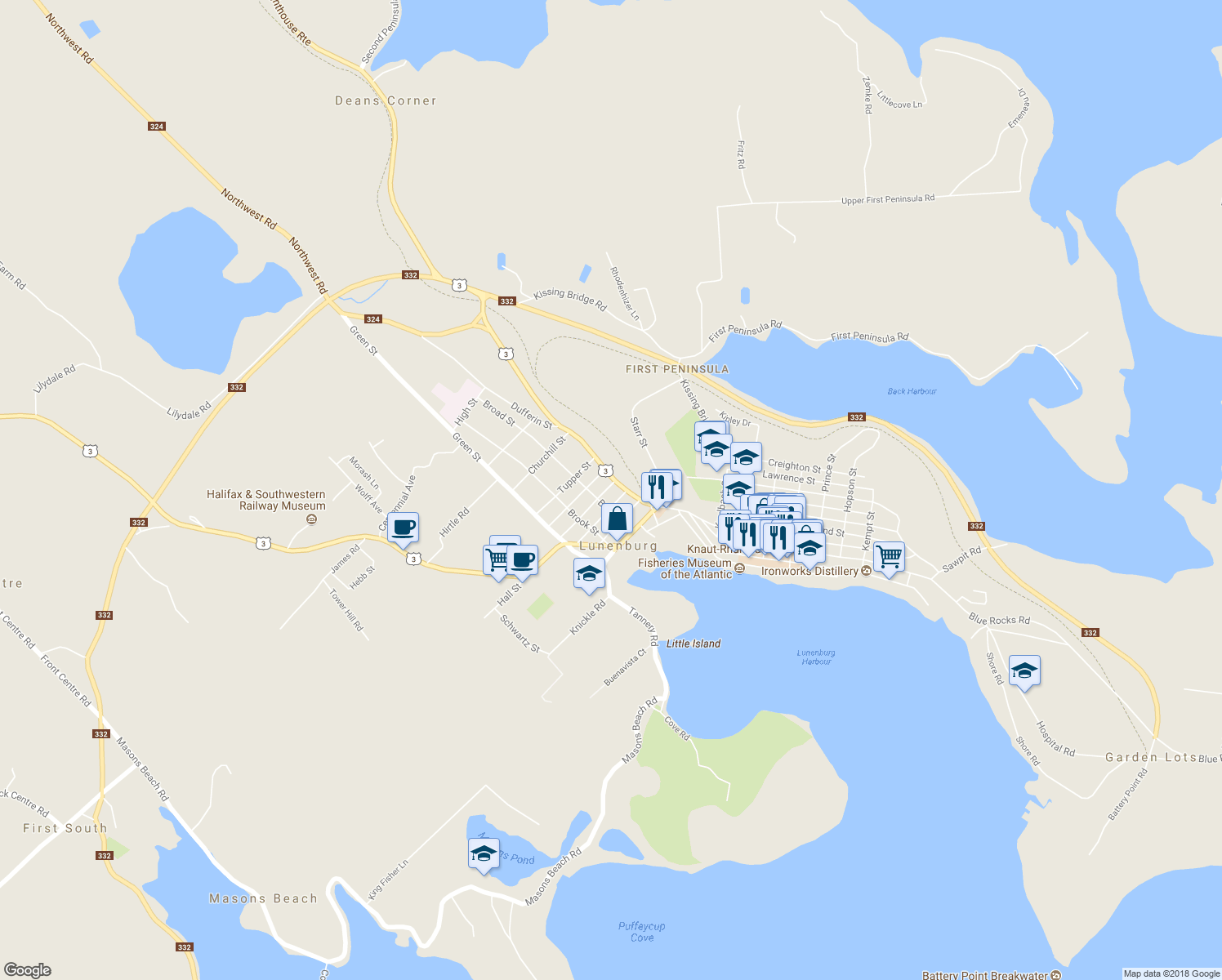 map of restaurants, bars, coffee shops, grocery stores, and more near 7 McKenzie Street in Lunenburg