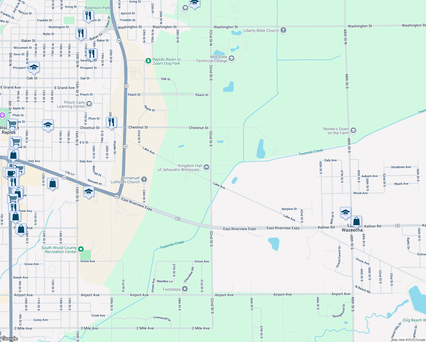 map of restaurants, bars, coffee shops, grocery stores, and more near 1431 32nd Street South in Wisconsin Rapids