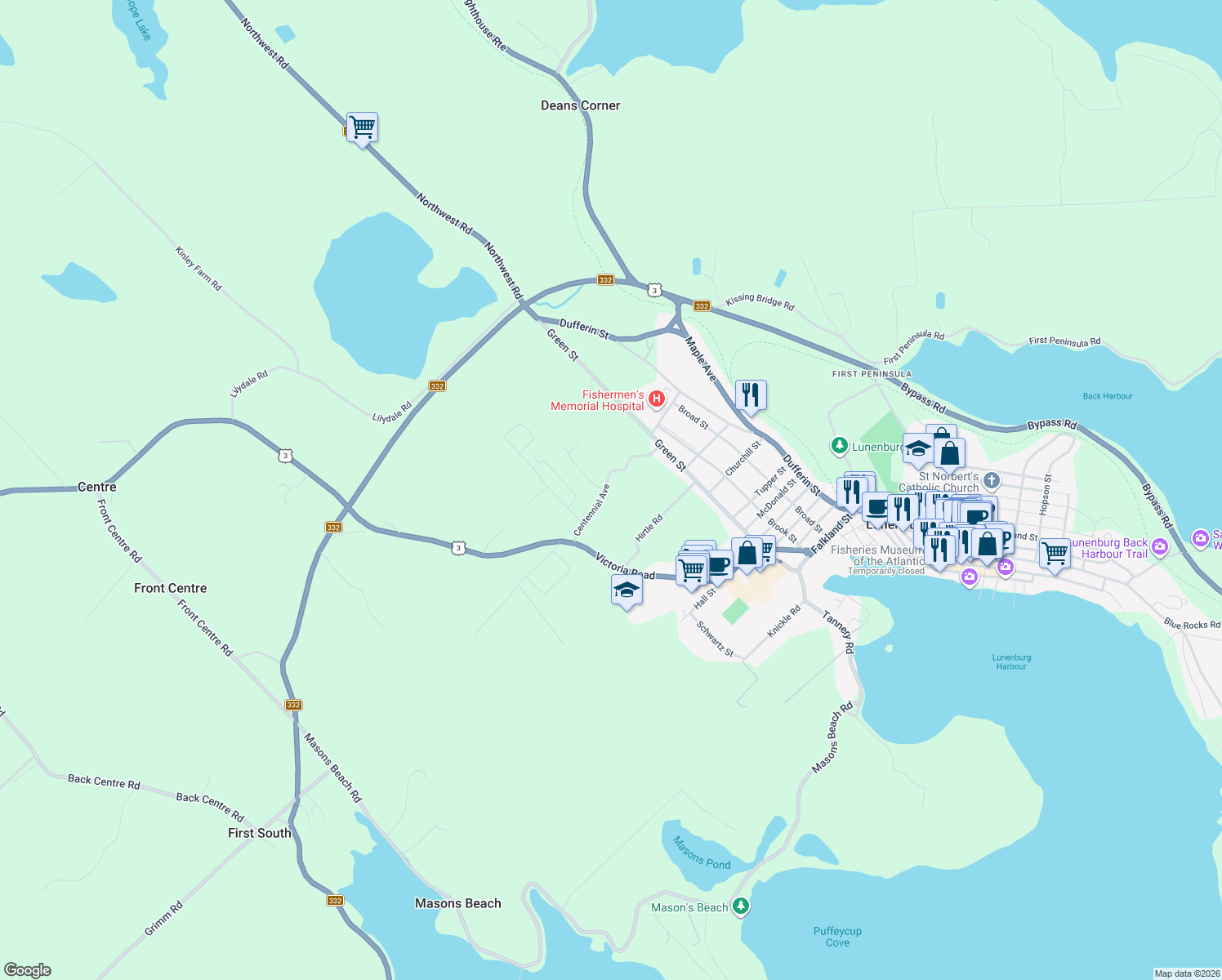 map of restaurants, bars, coffee shops, grocery stores, and more near 171 Centennial Avenue in Lunenburg