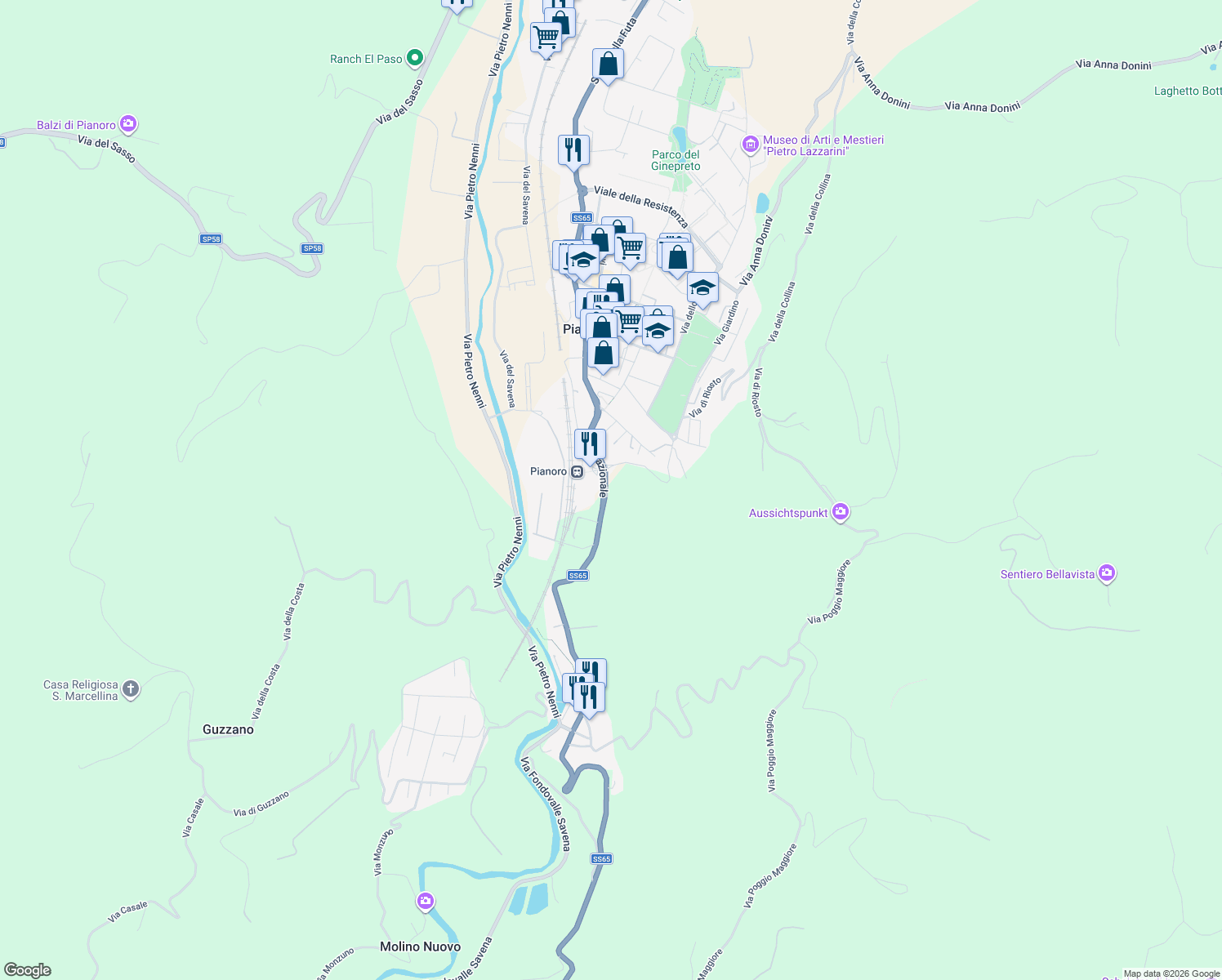 map of restaurants, bars, coffee shops, grocery stores, and more near 21 Via Giacomo Leopardi in Pianoro