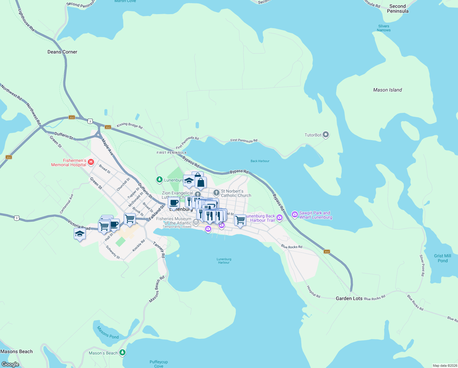 map of restaurants, bars, coffee shops, grocery stores, and more near 9 Prince Street in Lunenburg
