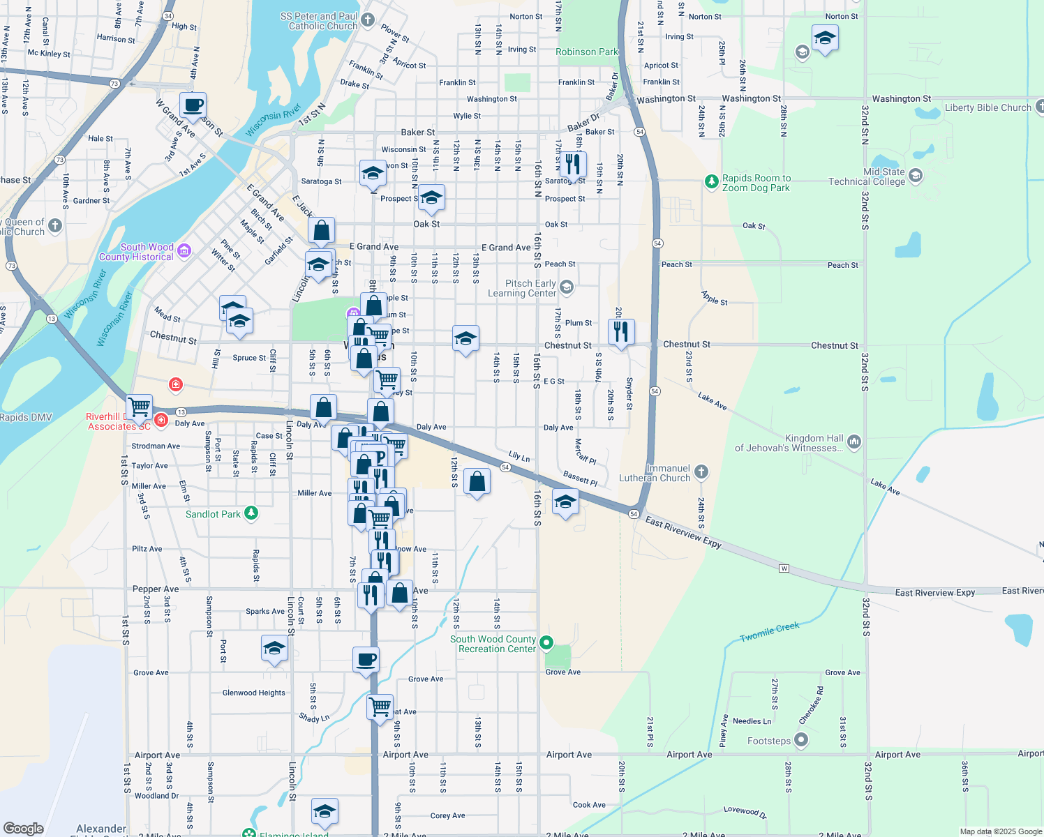 map of restaurants, bars, coffee shops, grocery stores, and more near 1221 15th Street South in Wisconsin Rapids