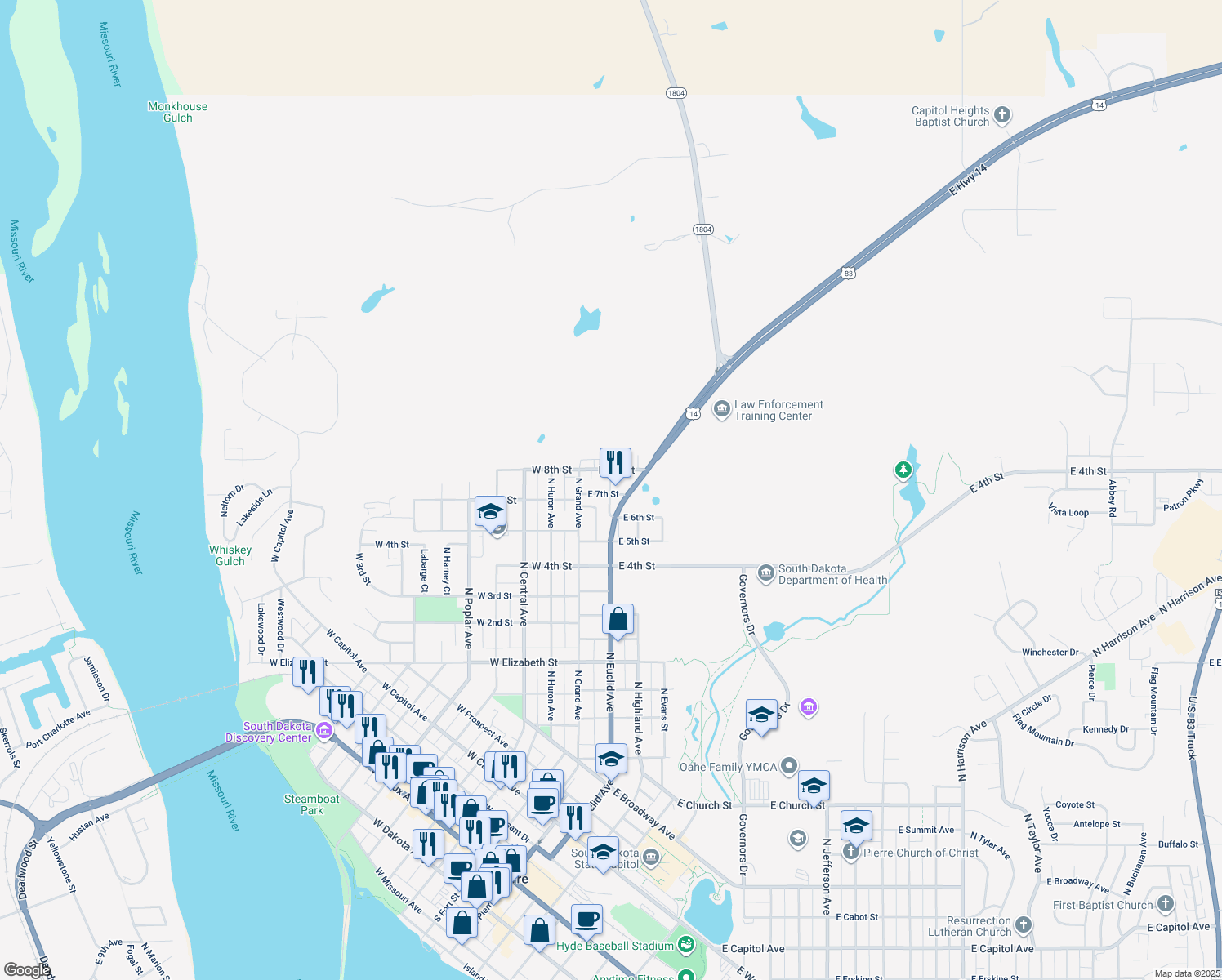 map of restaurants, bars, coffee shops, grocery stores, and more near 208 East 7th Street in Pierre