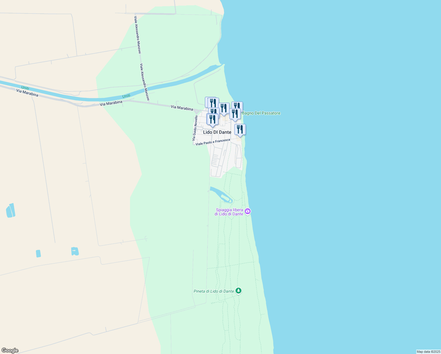 map of restaurants, bars, coffee shops, grocery stores, and more near in Lido DI Dante