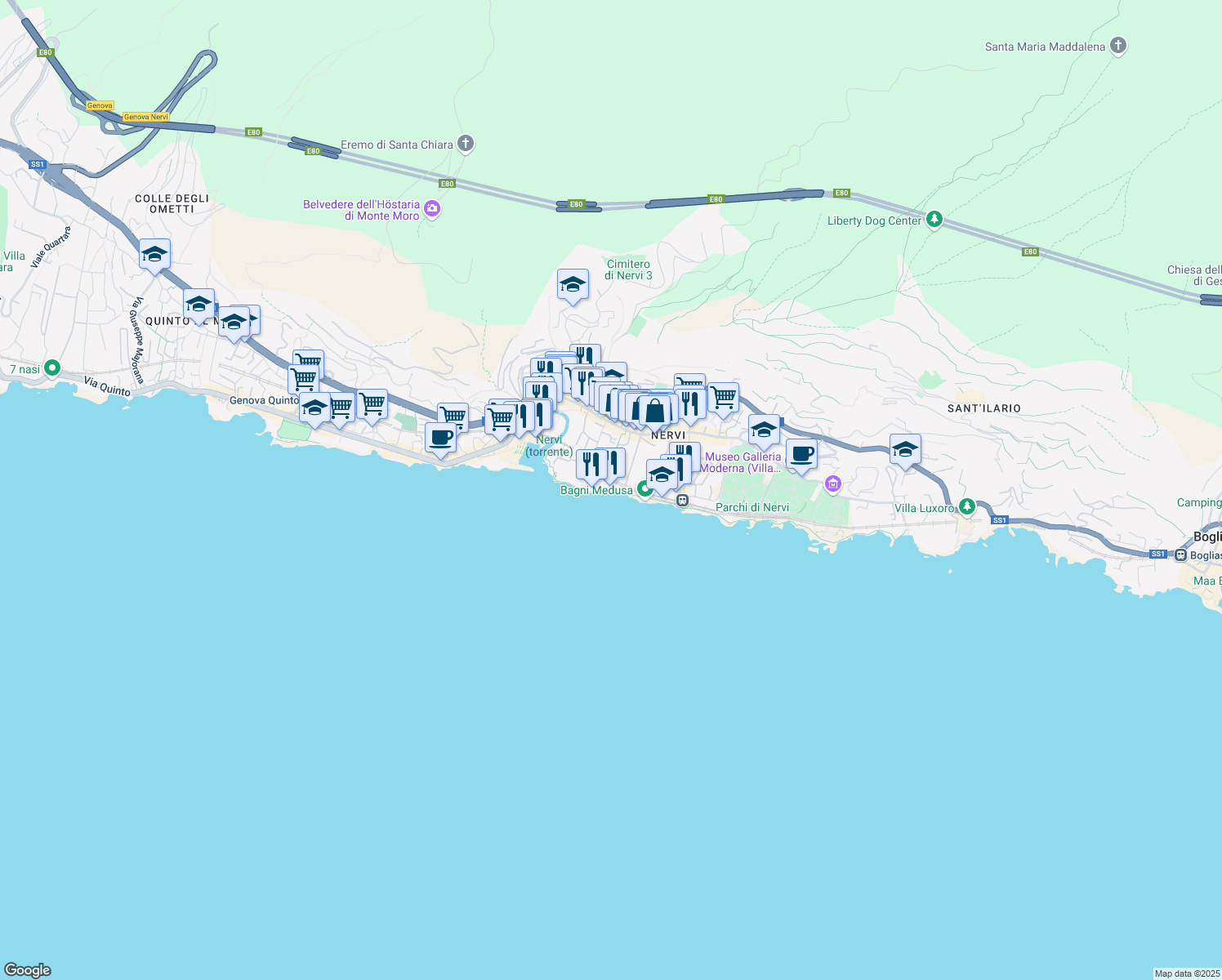 map of restaurants, bars, coffee shops, grocery stores, and more near 28 Passeggiata Anita Garibaldi in Genova